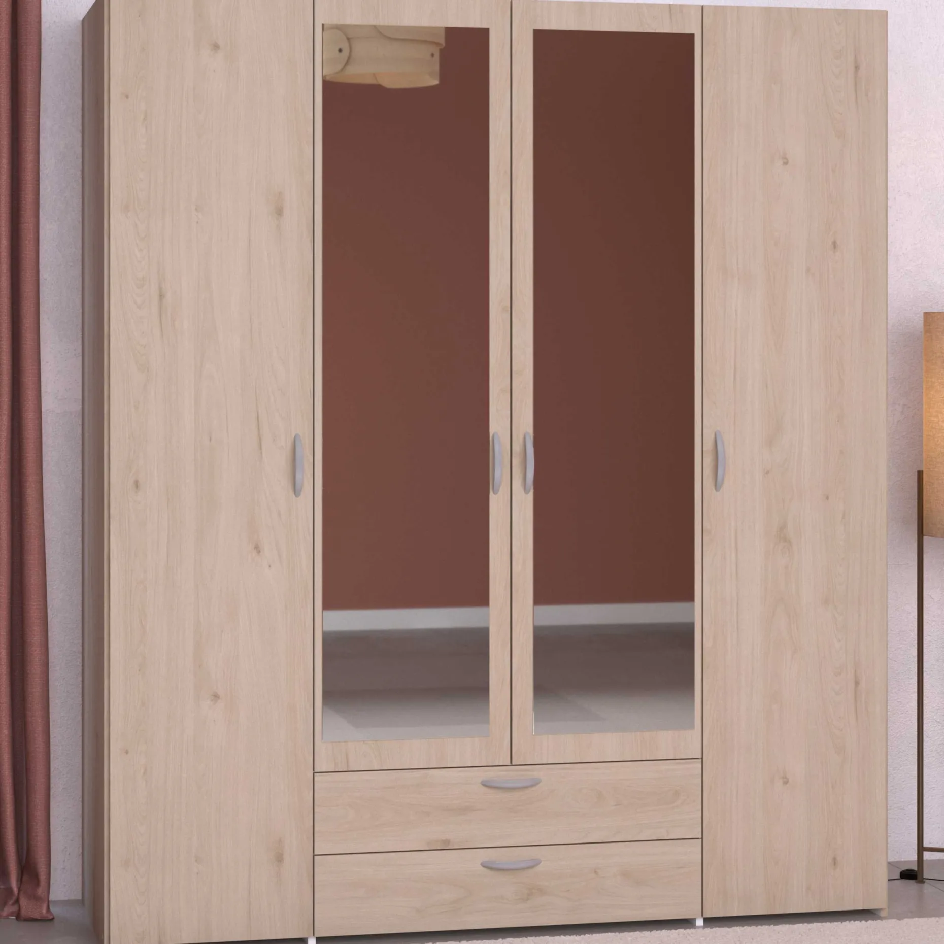 Salvador Kleiderschrank mit Spiegel, 4 Türen und 2 Schubladen - jackson oak