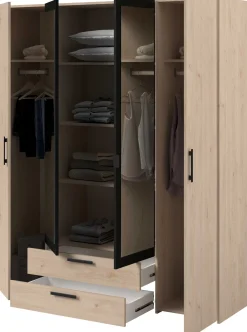 Salvador Kleiderschrank mit Spiegel, 4 Türen und 2 Schubladen - jackson oak/schwarz