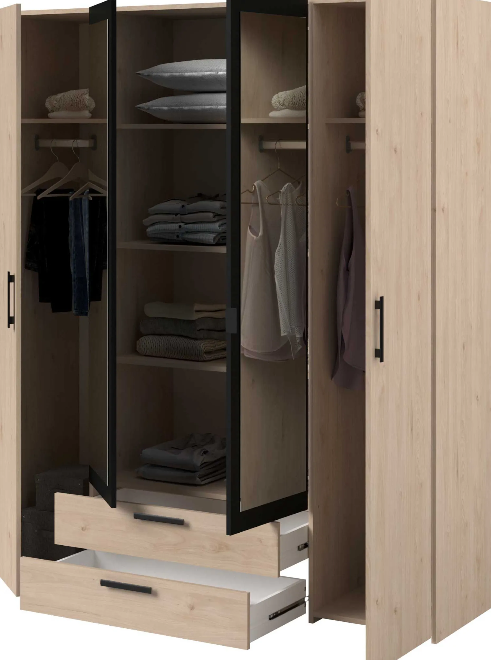 Salvador Kleiderschrank mit Spiegel, 4 Türen und 2 Schubladen - jackson oak/schwarz