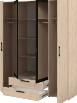 Salvador Kleiderschrank mit Spiegel, 4 Türen und 2 Schubladen - jackson oak/schwarz