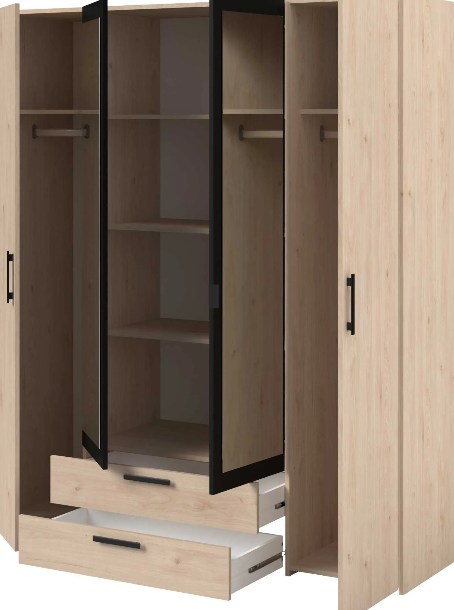 Salvador Kleiderschrank mit Spiegel, 4 Türen und 2 Schubladen - jackson oak/schwarz