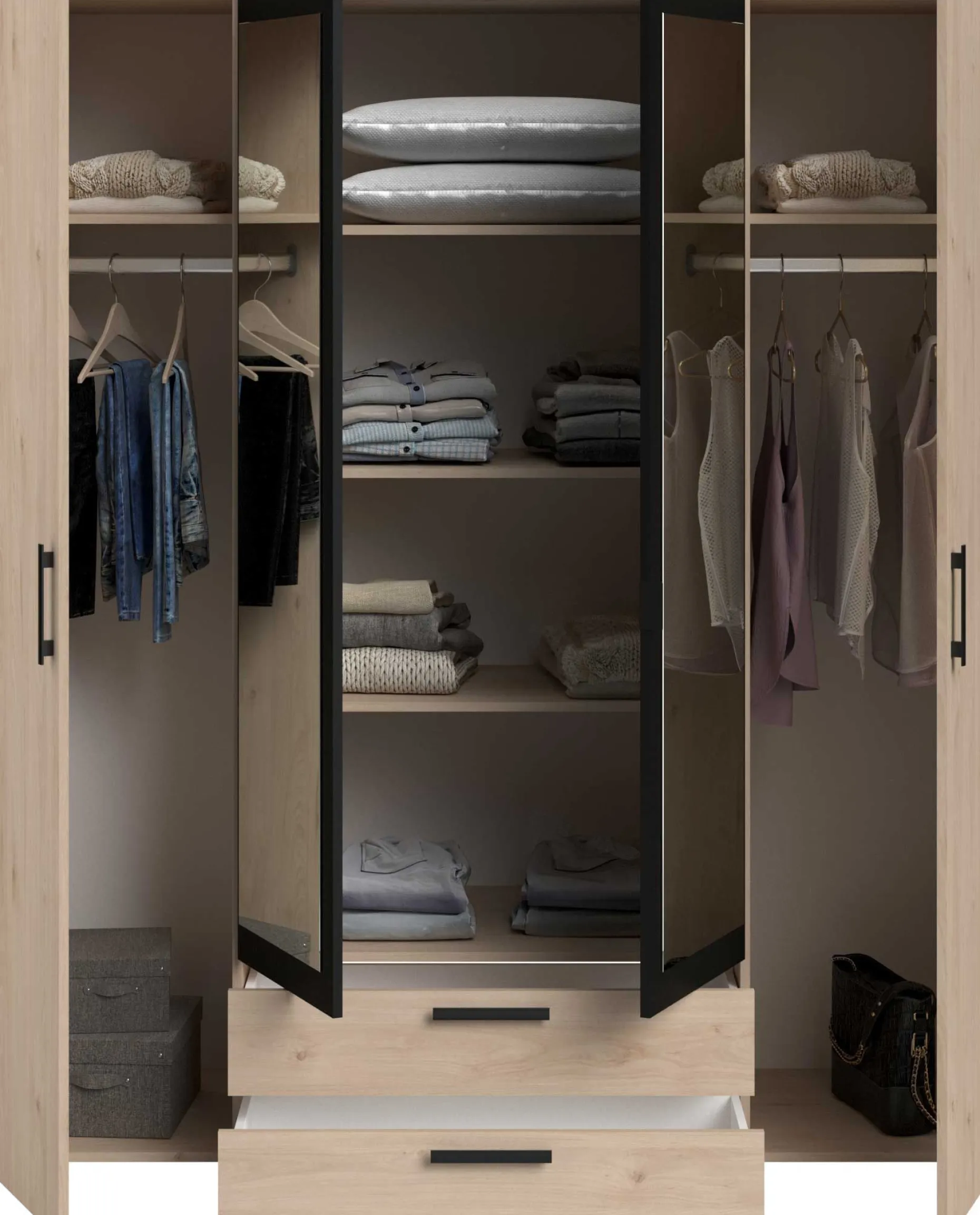 Salvador Kleiderschrank mit Spiegel, 4 Türen und 2 Schubladen - jackson oak/schwarz