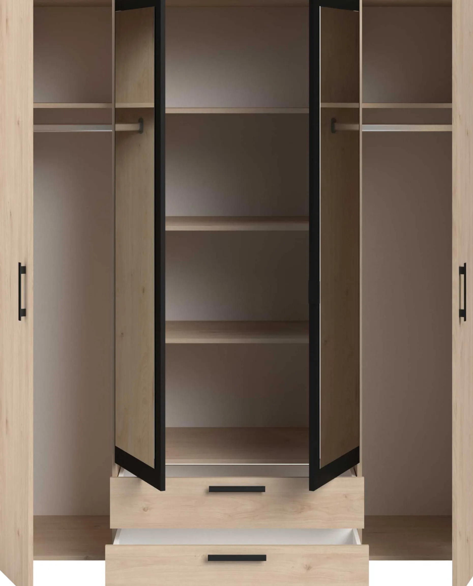 Salvador Kleiderschrank mit Spiegel, 4 Türen und 2 Schubladen - jackson oak/schwarz