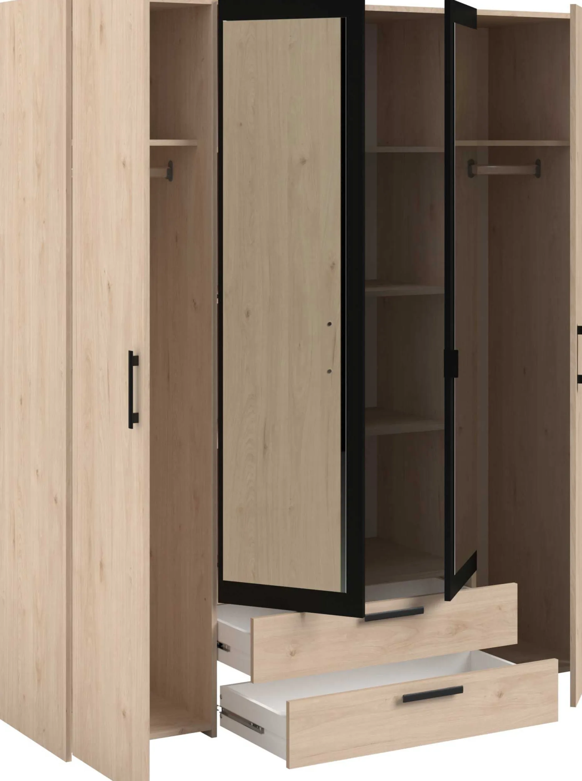 Salvador Kleiderschrank mit Spiegel, 4 Türen und 2 Schubladen - jackson oak/schwarz
