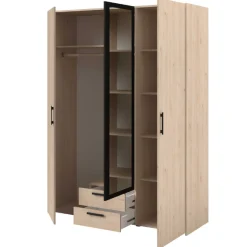 Salvador Kleiderschrank mit Spiegel, 3 Türen und 2 Schubladen - jackson oak/schwarz