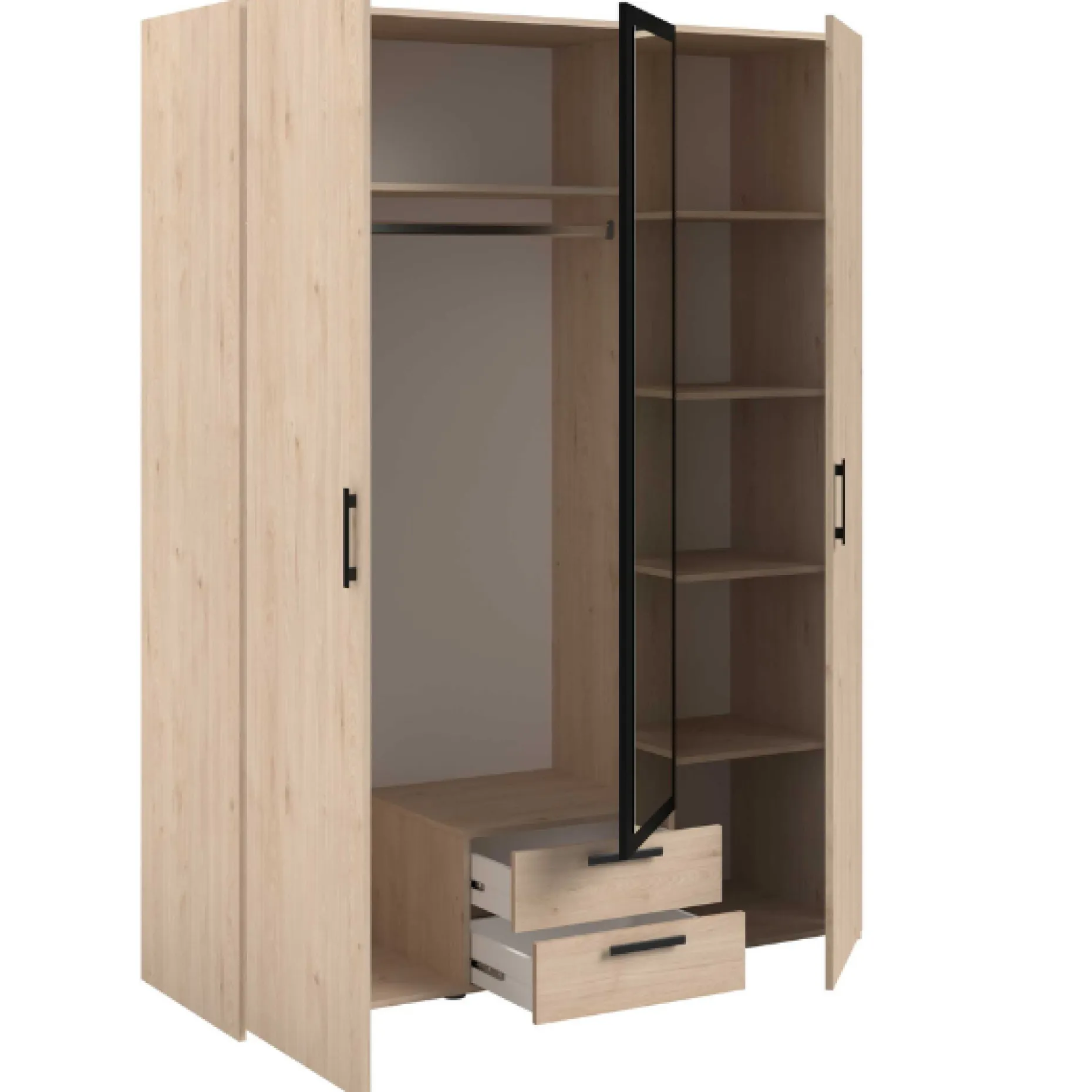 Salvador Kleiderschrank mit Spiegel, 3 Türen und 2 Schubladen - jackson oak/schwarz
