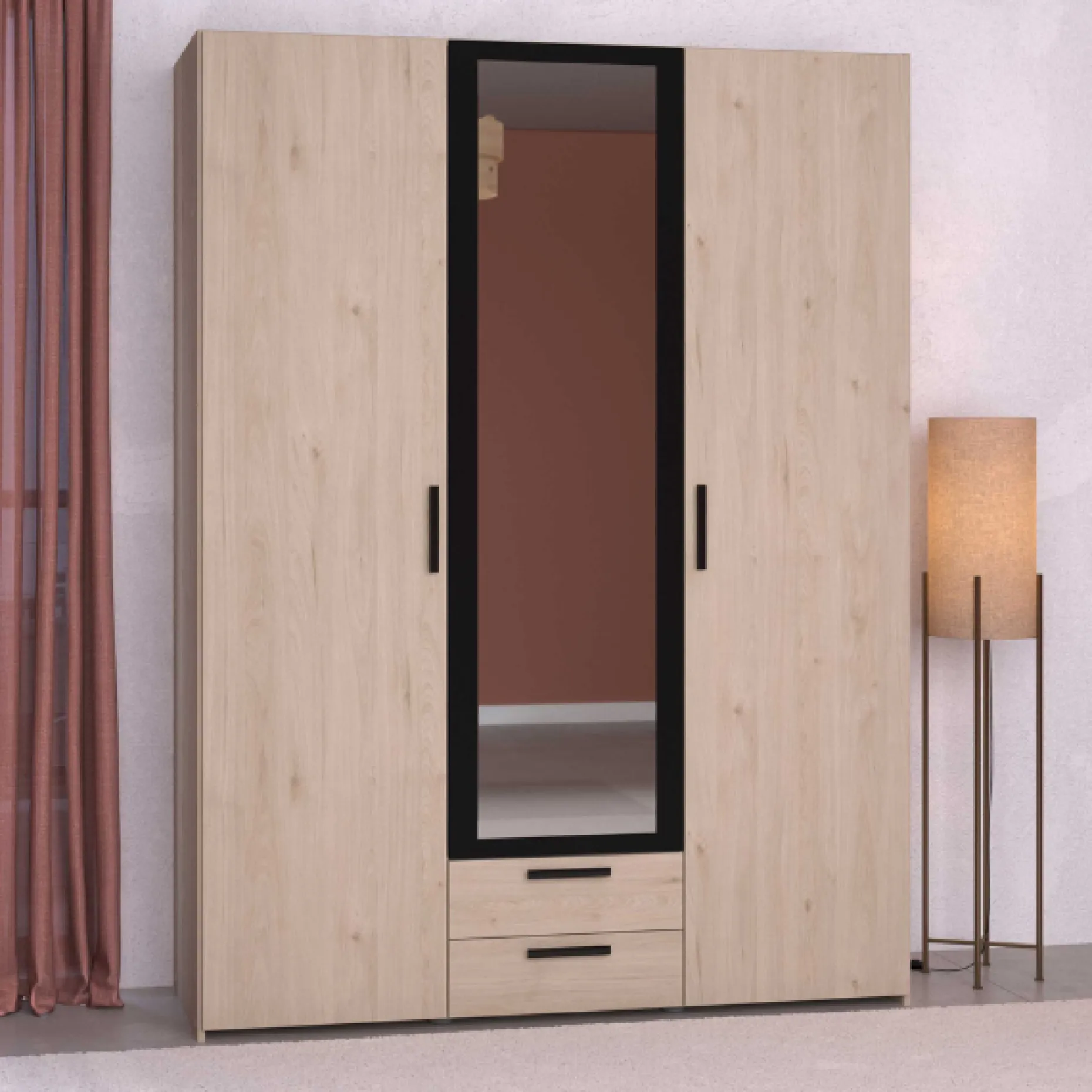 Salvador Kleiderschrank mit Spiegel, 3 Türen und 2 Schubladen - jackson oak/schwarz