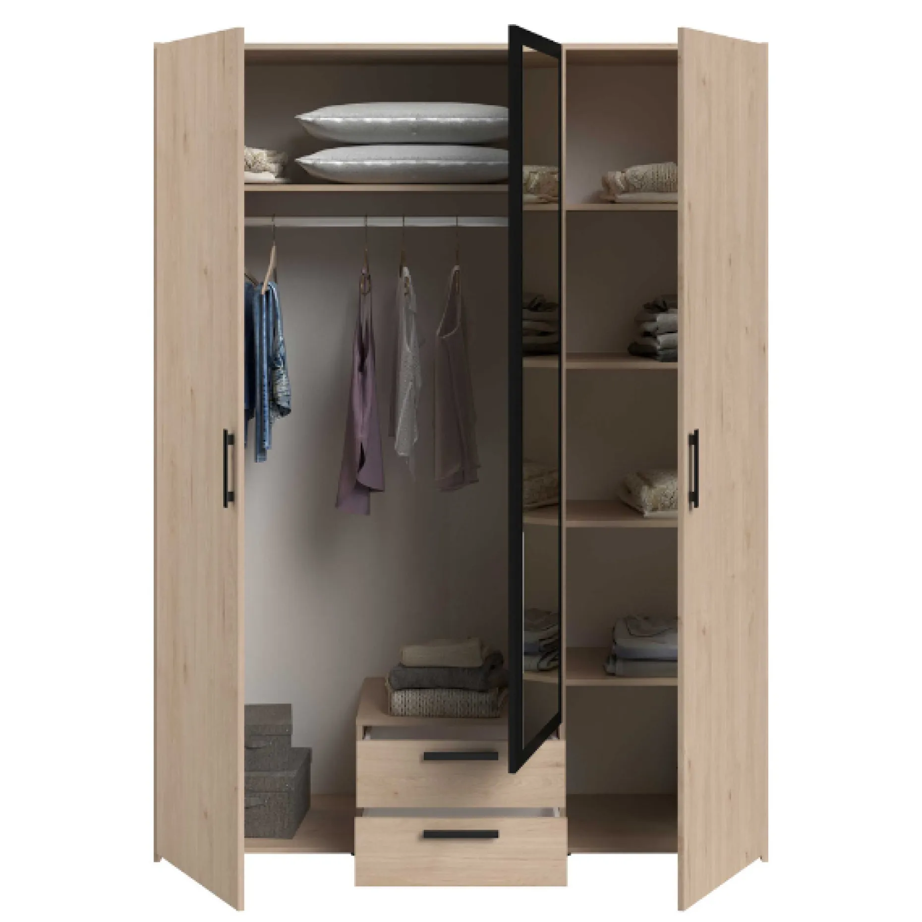 Salvador Kleiderschrank mit Spiegel, 3 Türen und 2 Schubladen - jackson oak/schwarz