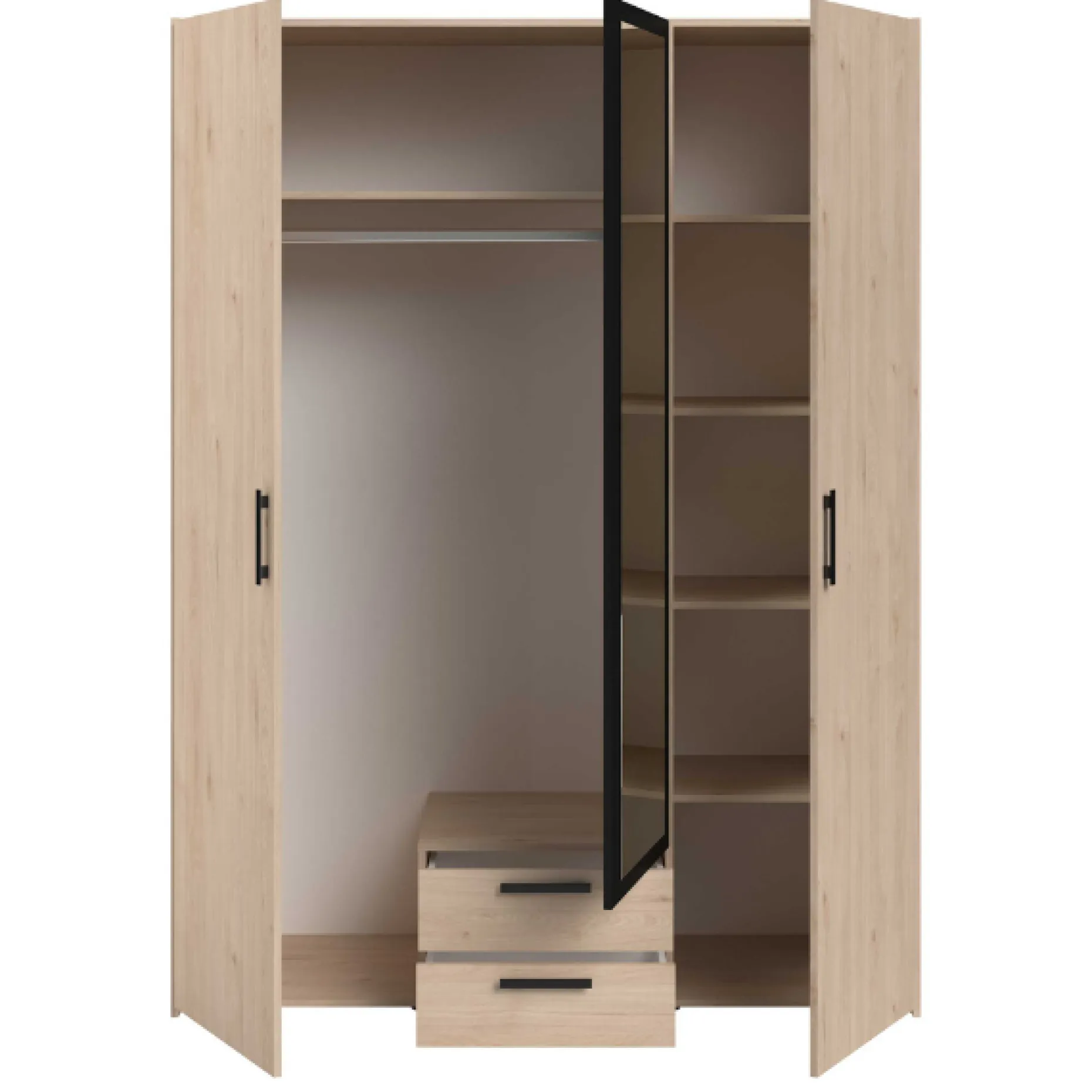 Salvador Kleiderschrank mit Spiegel, 3 Türen und 2 Schubladen - jackson oak/schwarz