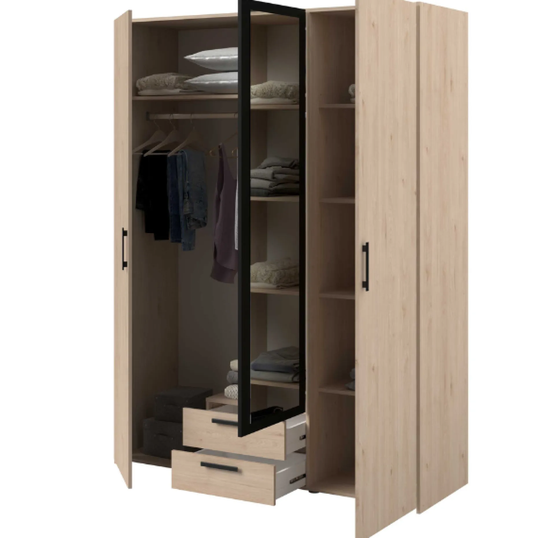 Salvador Kleiderschrank mit Spiegel, 3 Türen und 2 Schubladen - jackson oak/schwarz