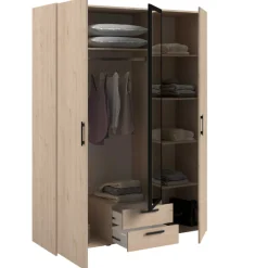 Salvador Kleiderschrank mit Spiegel, 3 Türen und 2 Schubladen - jackson oak/schwarz