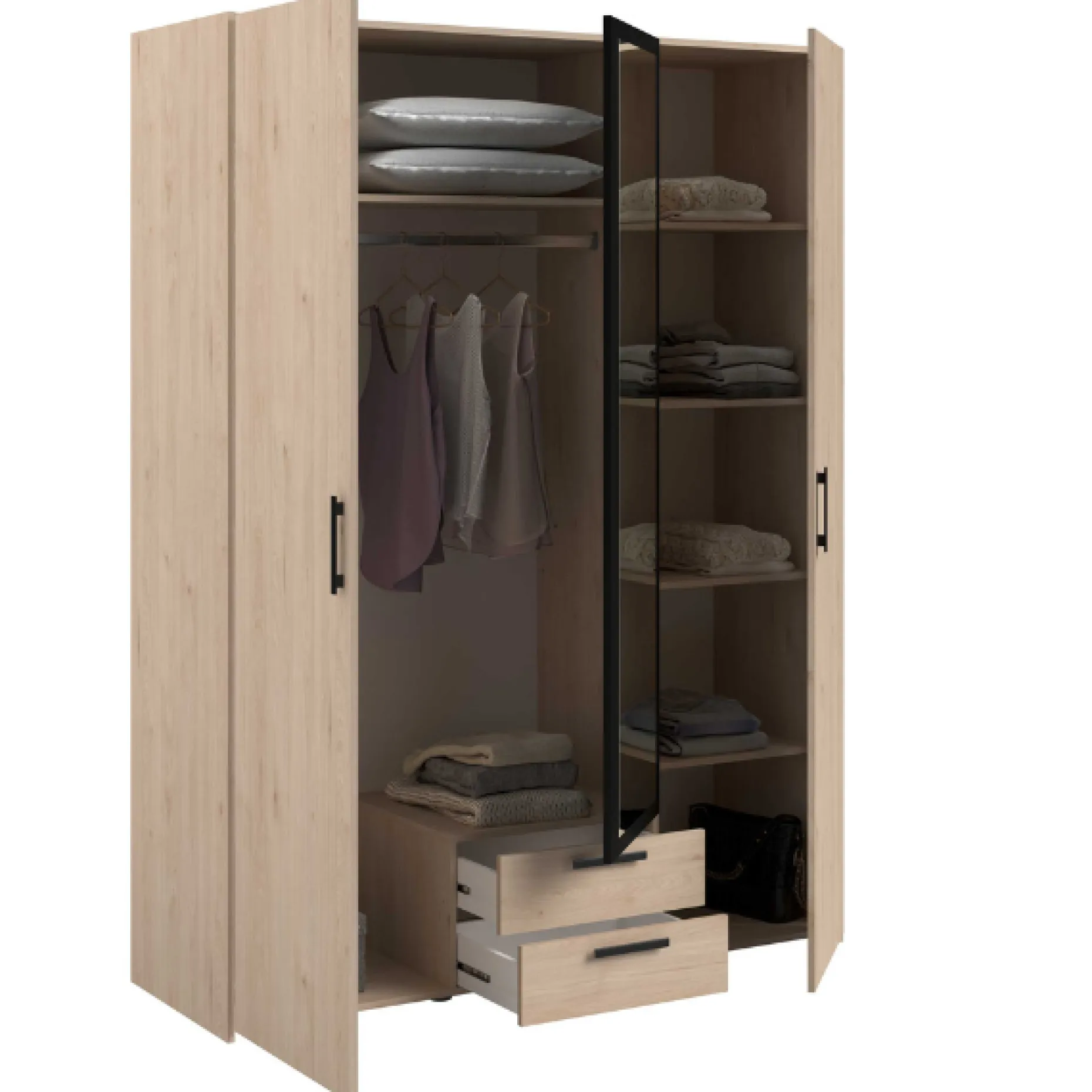 Salvador Kleiderschrank mit Spiegel, 3 Türen und 2 Schubladen - jackson oak/schwarz
