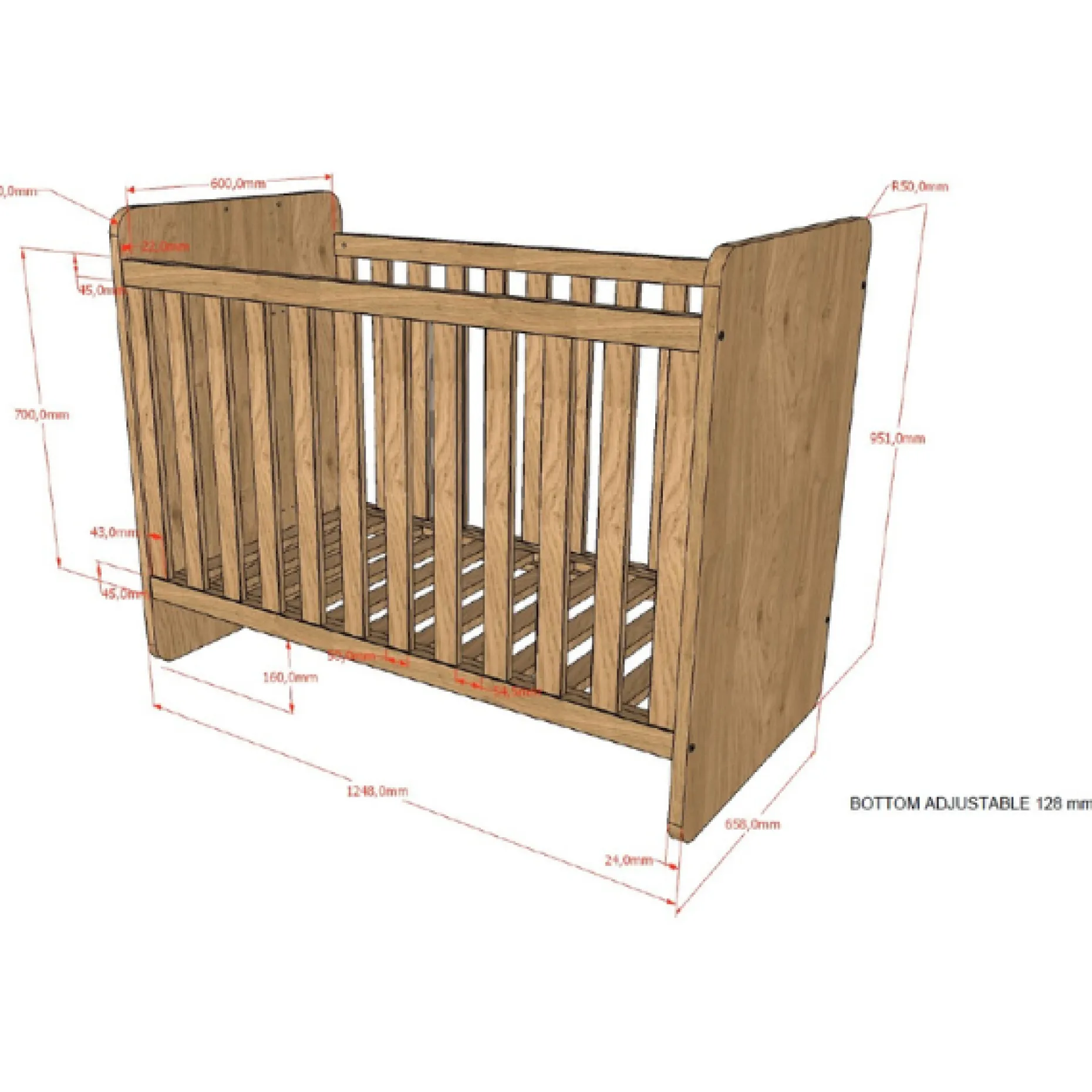 SammieBabyzimmer : Ausziehbares Bett, Kommode mit Wickeltisch - Eichendekor