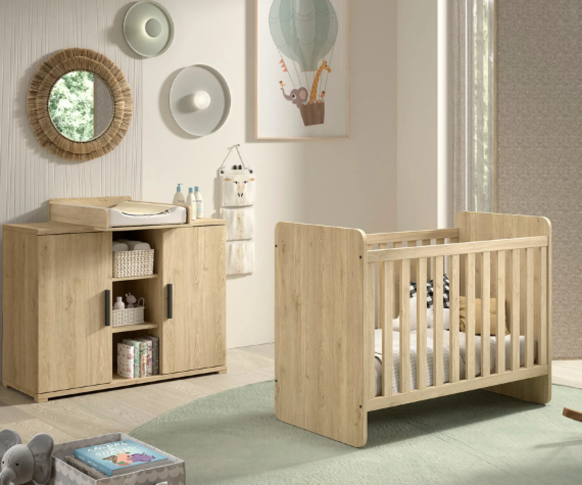 SammieBabyzimmer : Ausziehbares Bett, Kommode mit Wickeltisch - Eichendekor