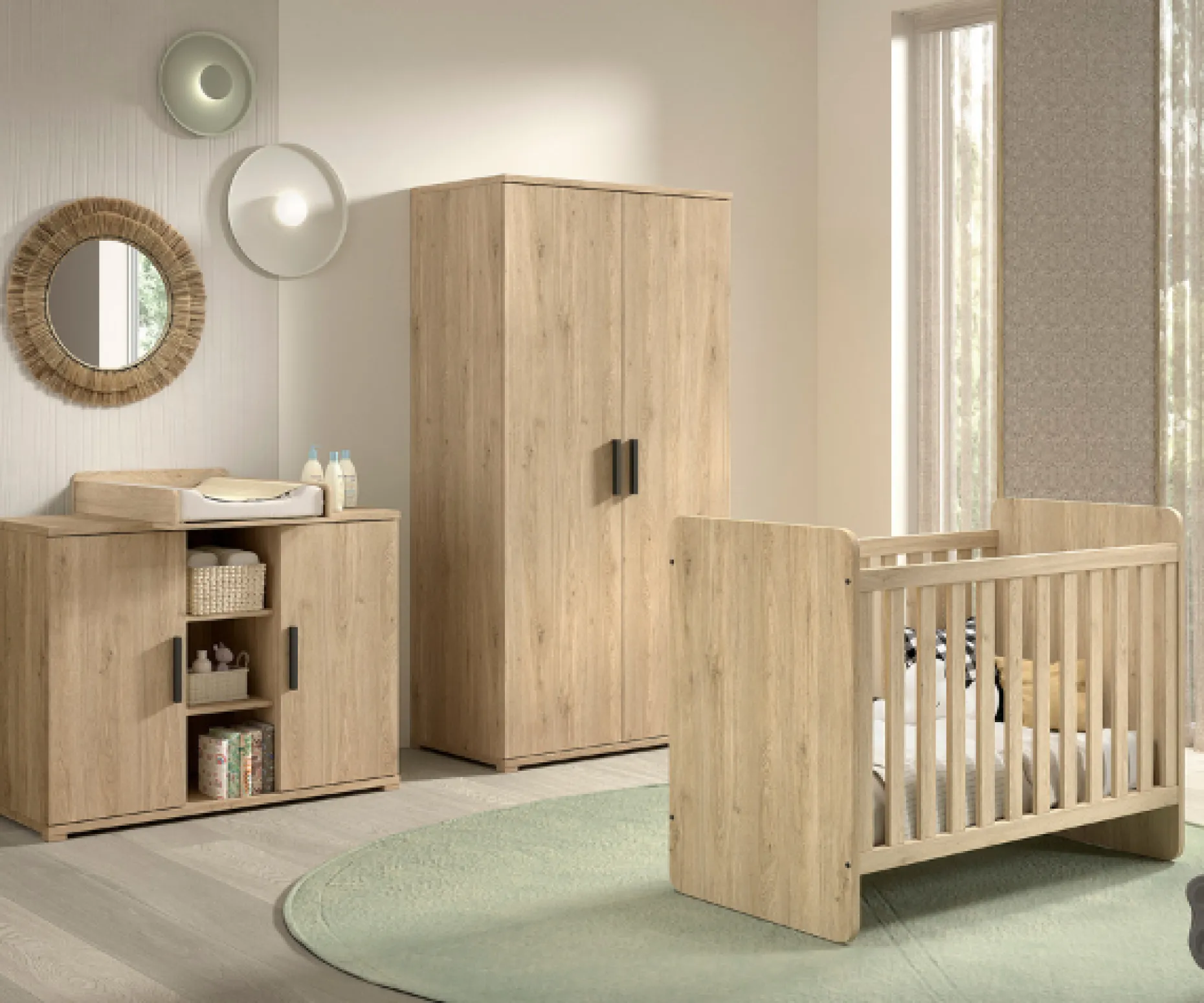 SammieBabyzimmer : Ausziehbett, Kommode mit Wickeltisch, Kleiderschrank - Eichendekor