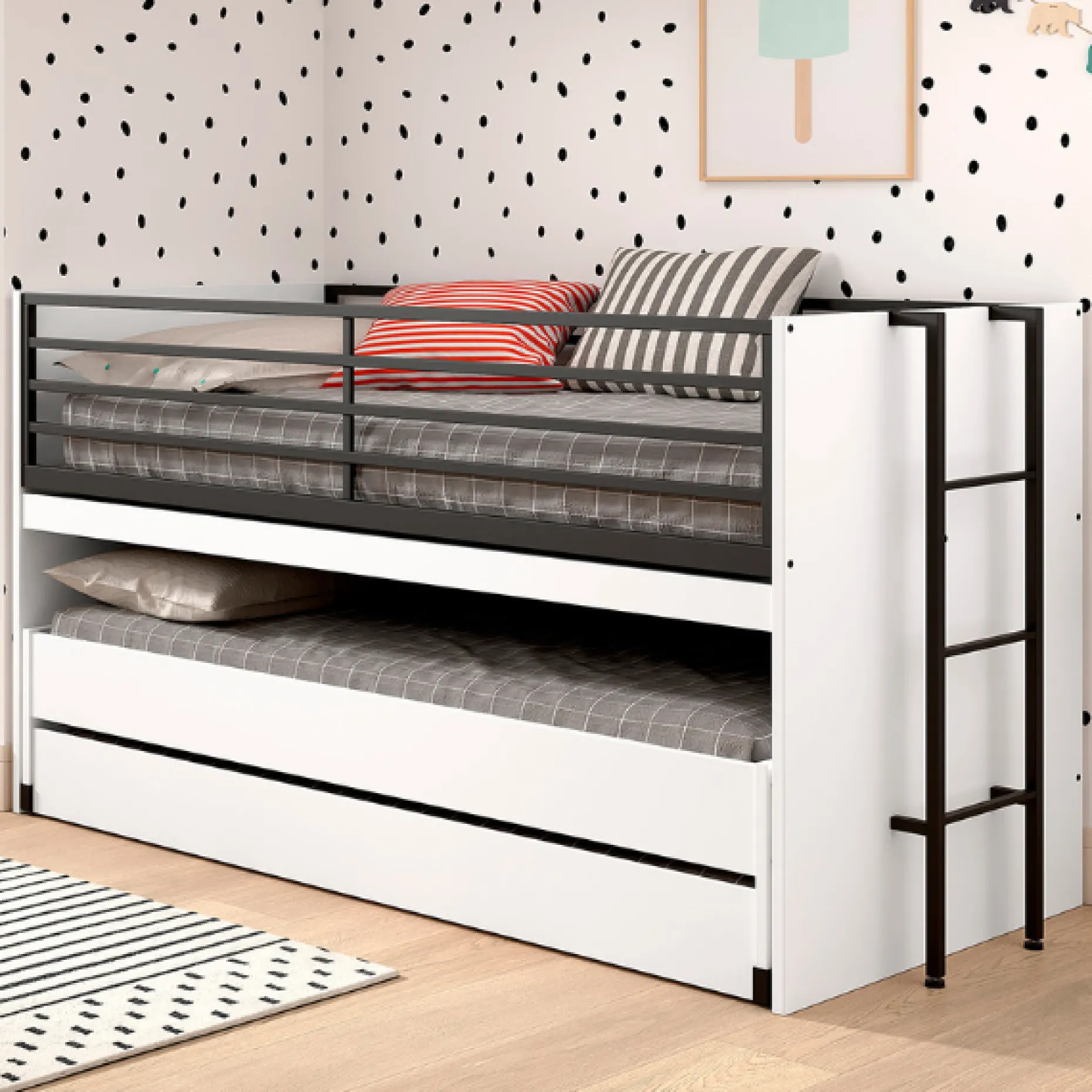 Sammie Halbhochbett 90x200cm mit 2 Betten, Bettkasten und Schreibtisch - weiß