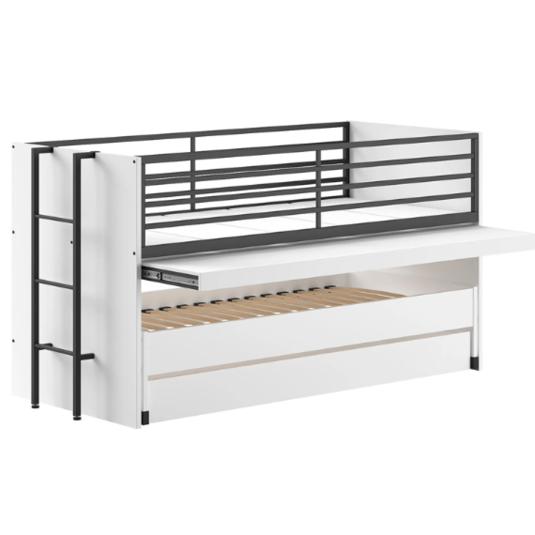 Sammie Halbhochbett 90x200cm mit 2 Betten, Bettkasten und Schreibtisch - weiß
