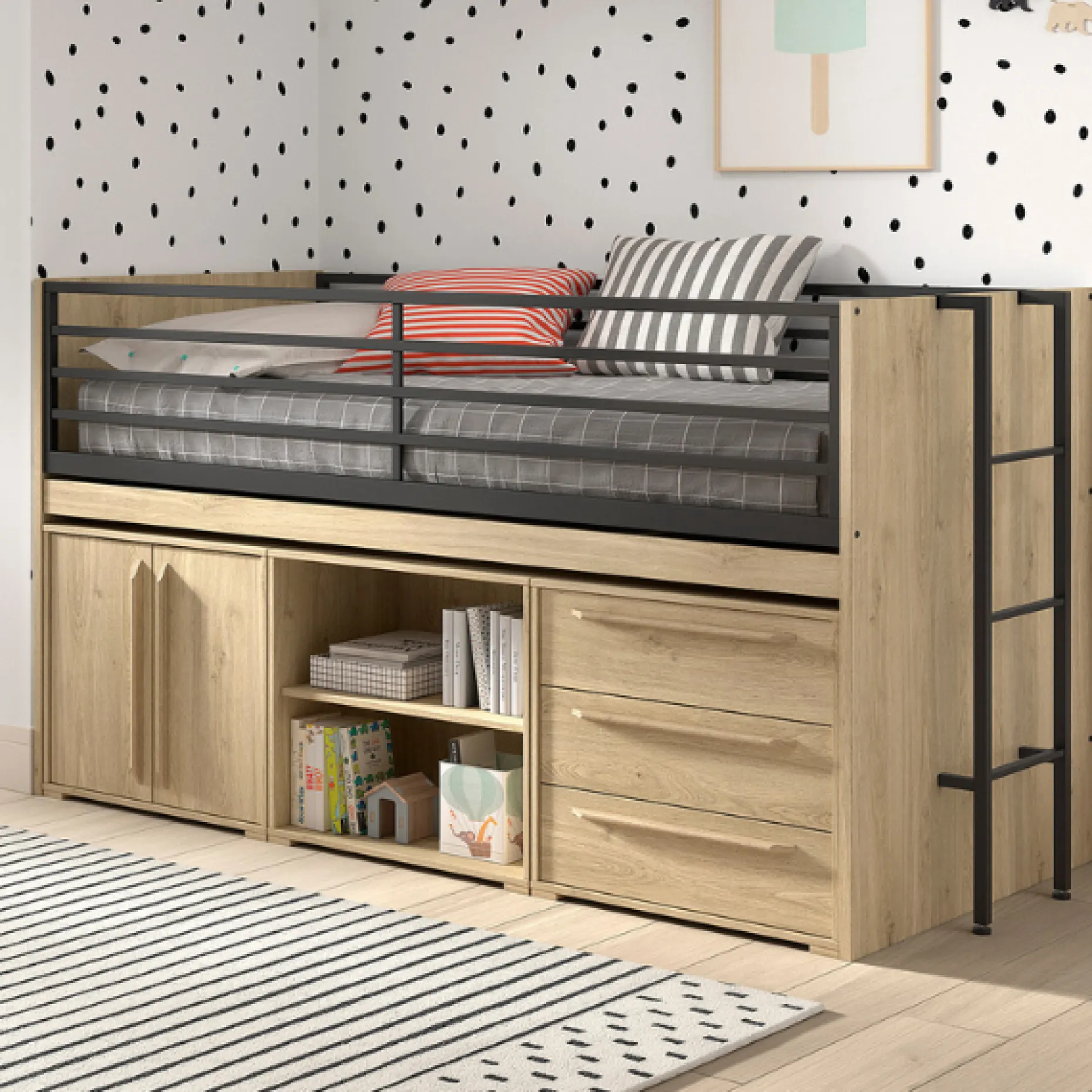 Sammie Halbhochbett 90x200cm - mit Schreibtisch und Stauraum - Eiche Dekor