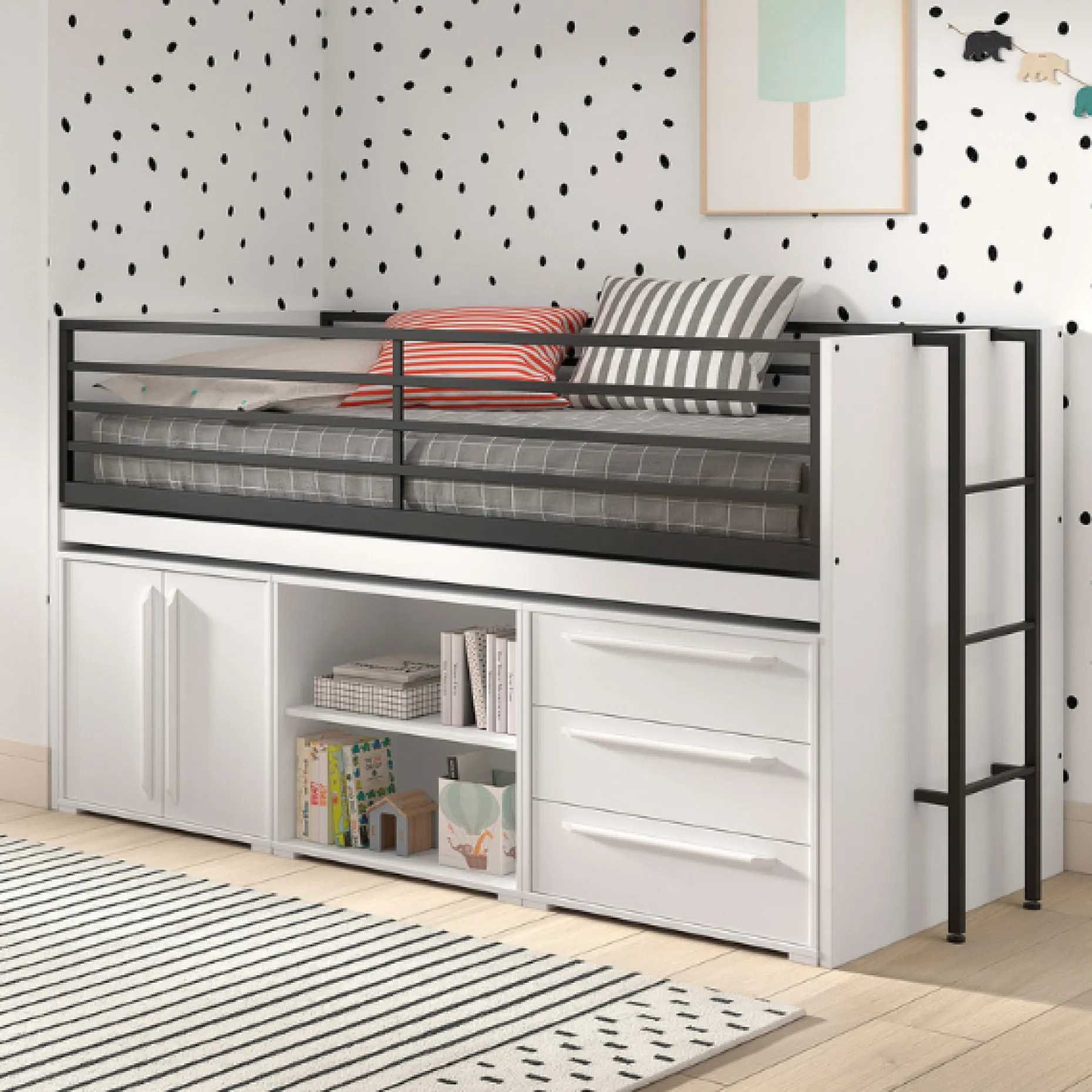 Sammie Halbhohes Bett 90x200cm - mit Schreibtisch und Stauraum - weiß