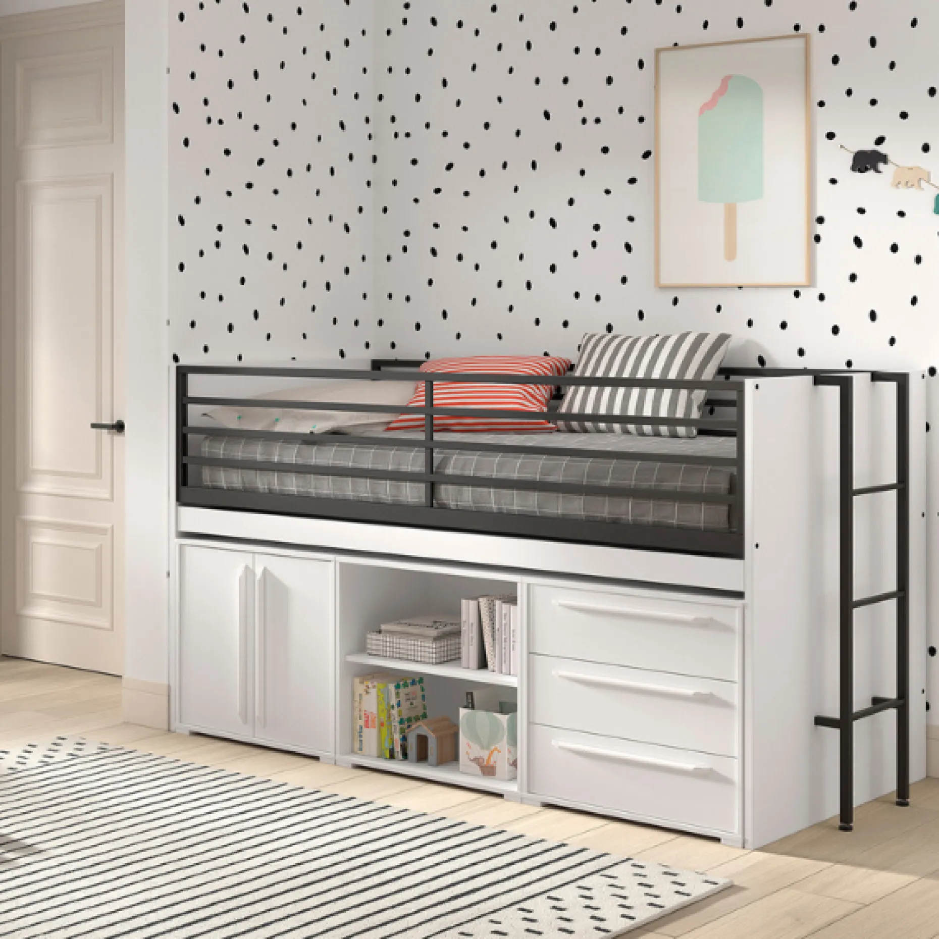 Sammie Halbhohes Bett 90x200cm - mit Schreibtisch und Stauraum - weiß