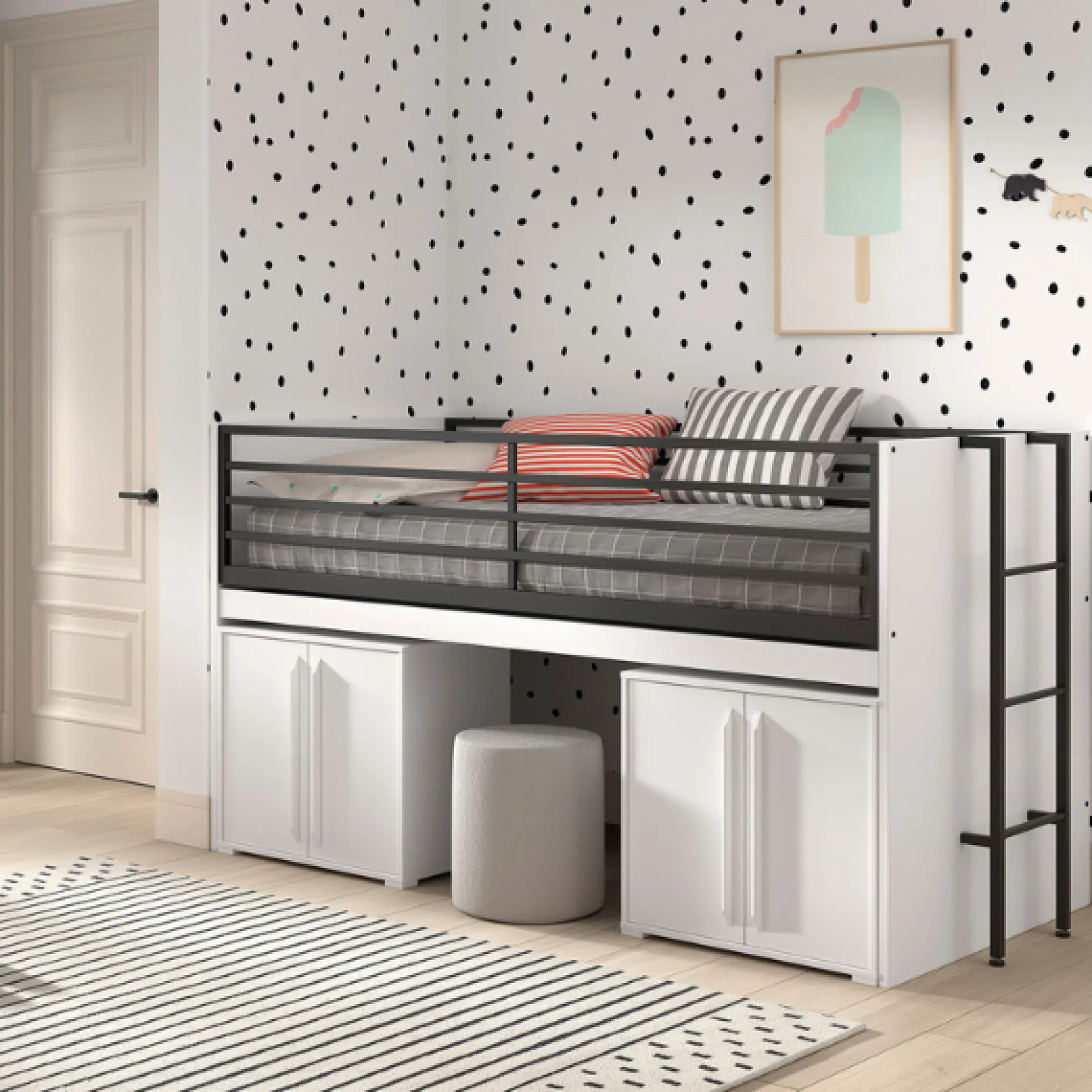 Sammie Halbhohes Bett 90x200cm - mit Schreibtisch und Kommode - weiß