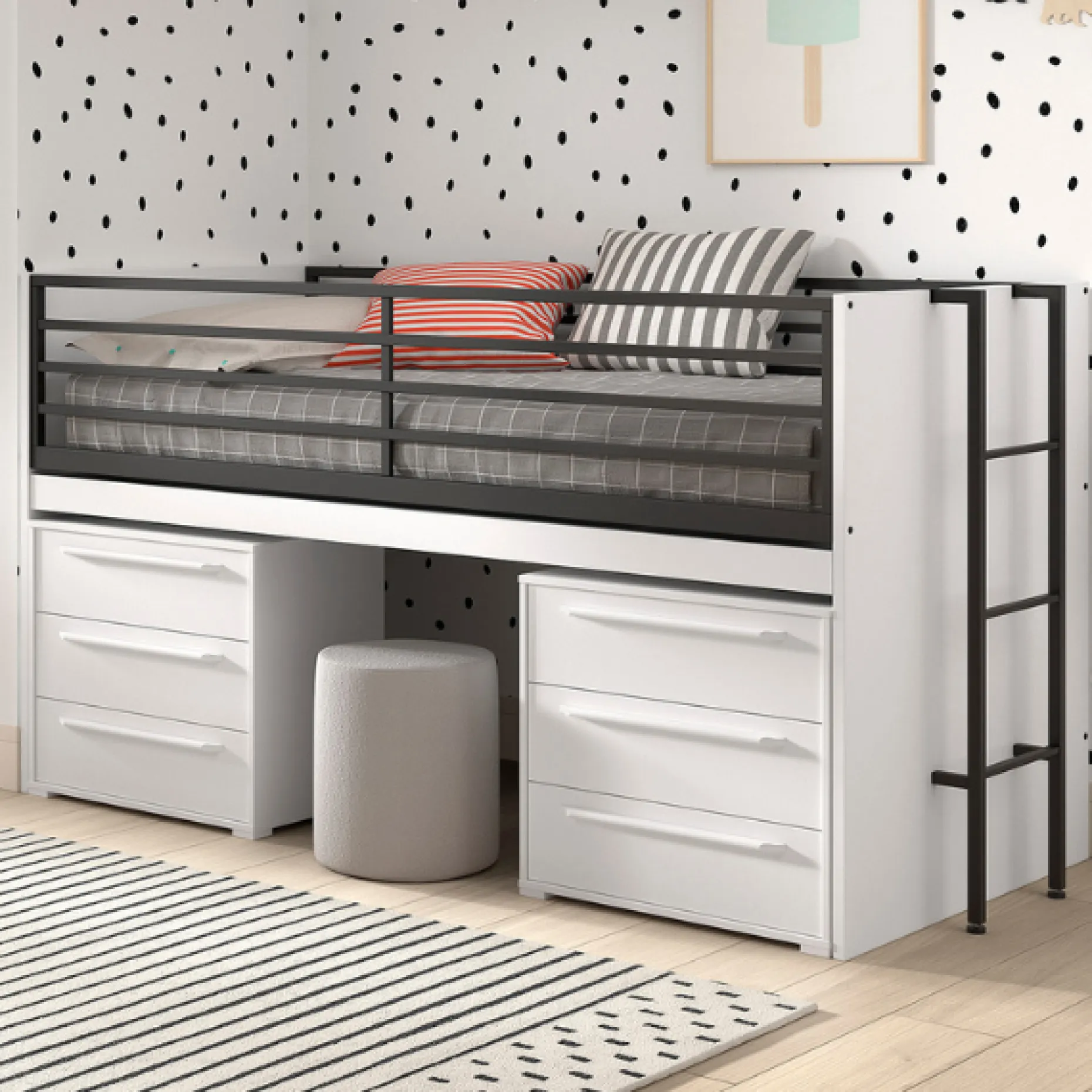 Sammie Halbhohes Bett 90x200cm - mit Schreibtisch und Kommode - weiß