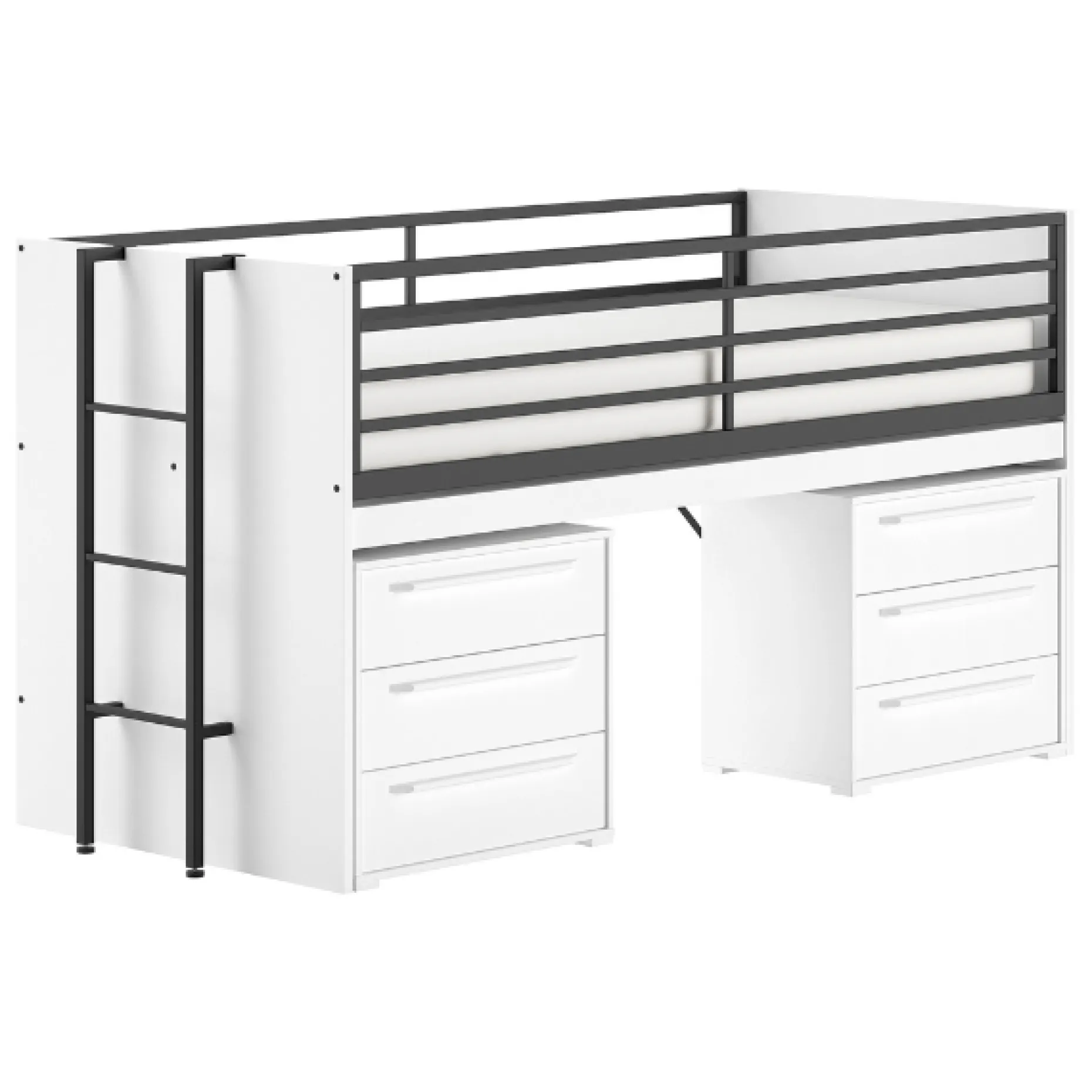 Sammie Halbhohes Bett 90x200cm - mit Schreibtisch und Kommode - weiß