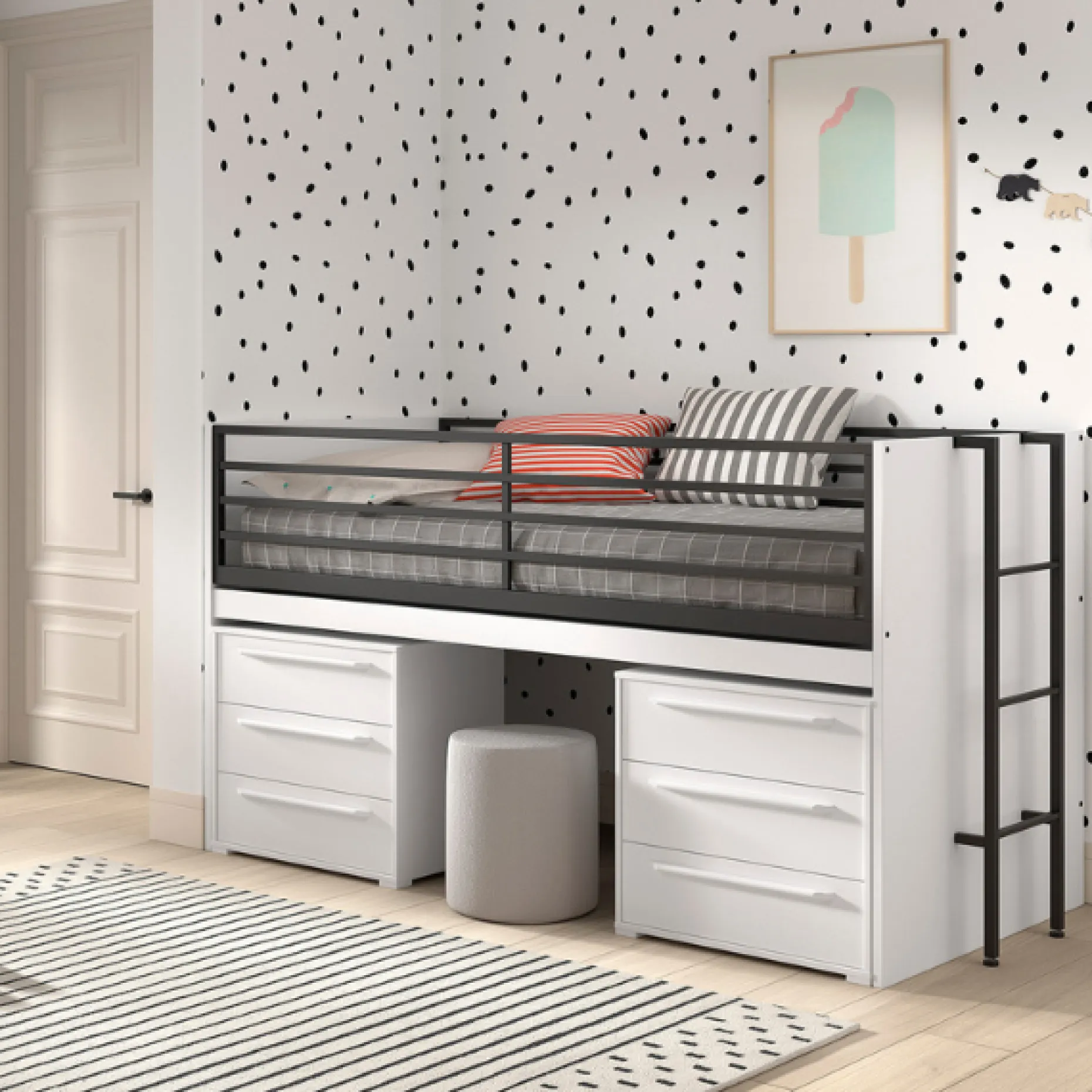Sammie Halbhohes Bett 90x200cm - mit Schreibtisch und Kommode - weiß