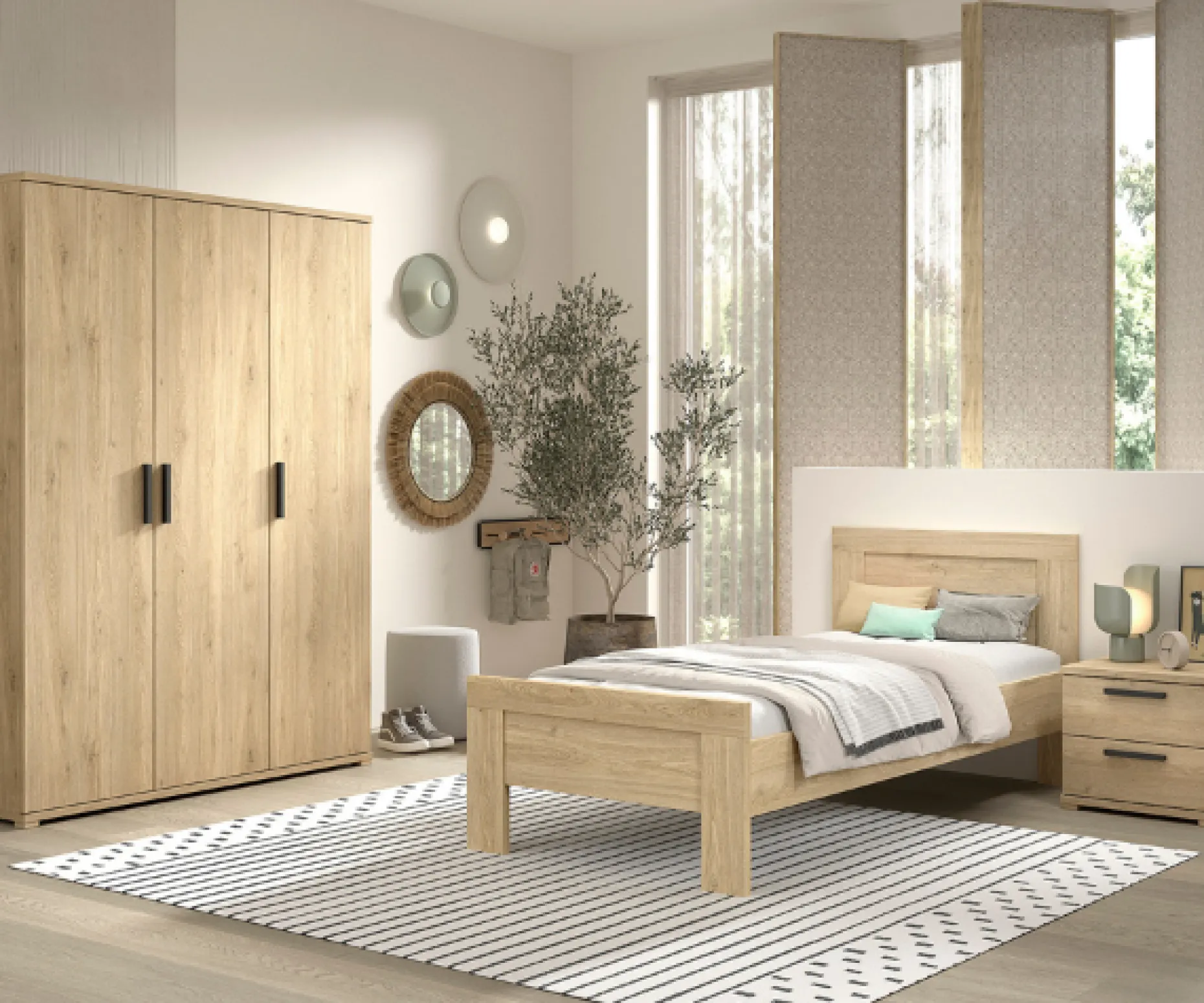 SammieJugendzimmer : Bett 90x200cm, Nachttisch, Kleiderschrank - Eiche Dekor