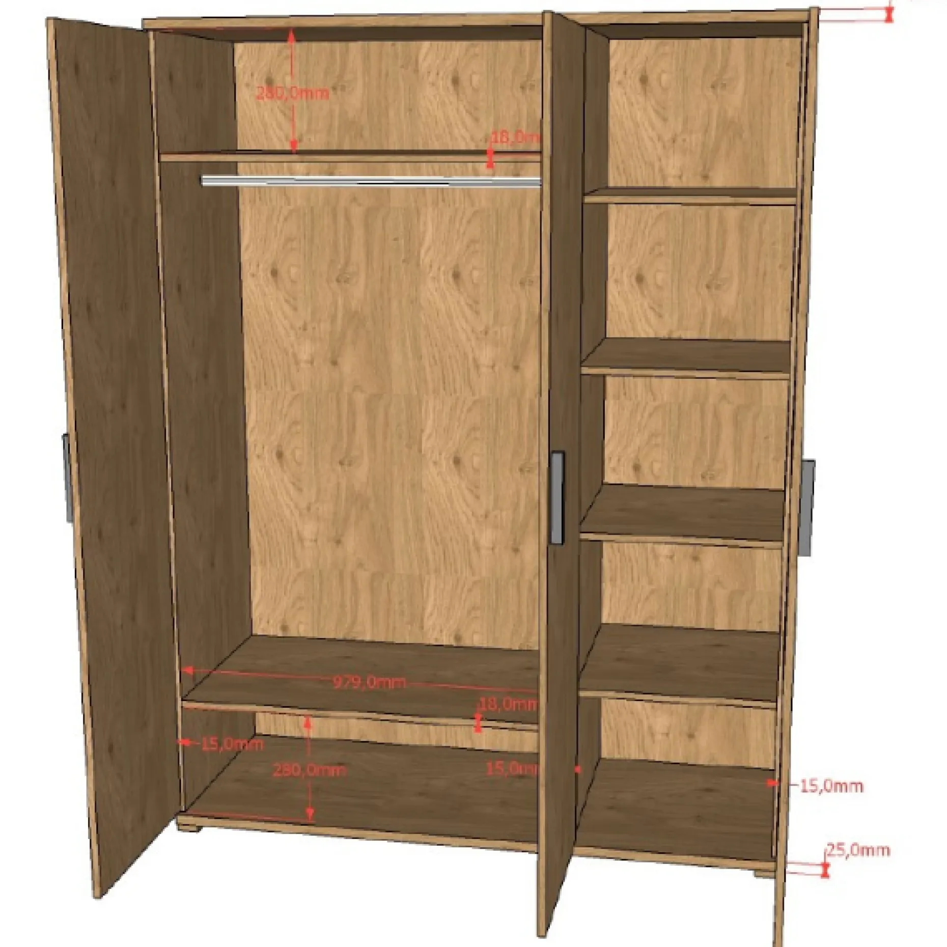 SammieJugendzimmer : Bett 90x200cm, Nachttisch, Kleiderschrank - Eiche Dekor