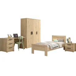 SammieJugendzimmer : Bett 90x200cm, Nachttisch, Kleiderschrank, Schreibtisch - Eichendekor
