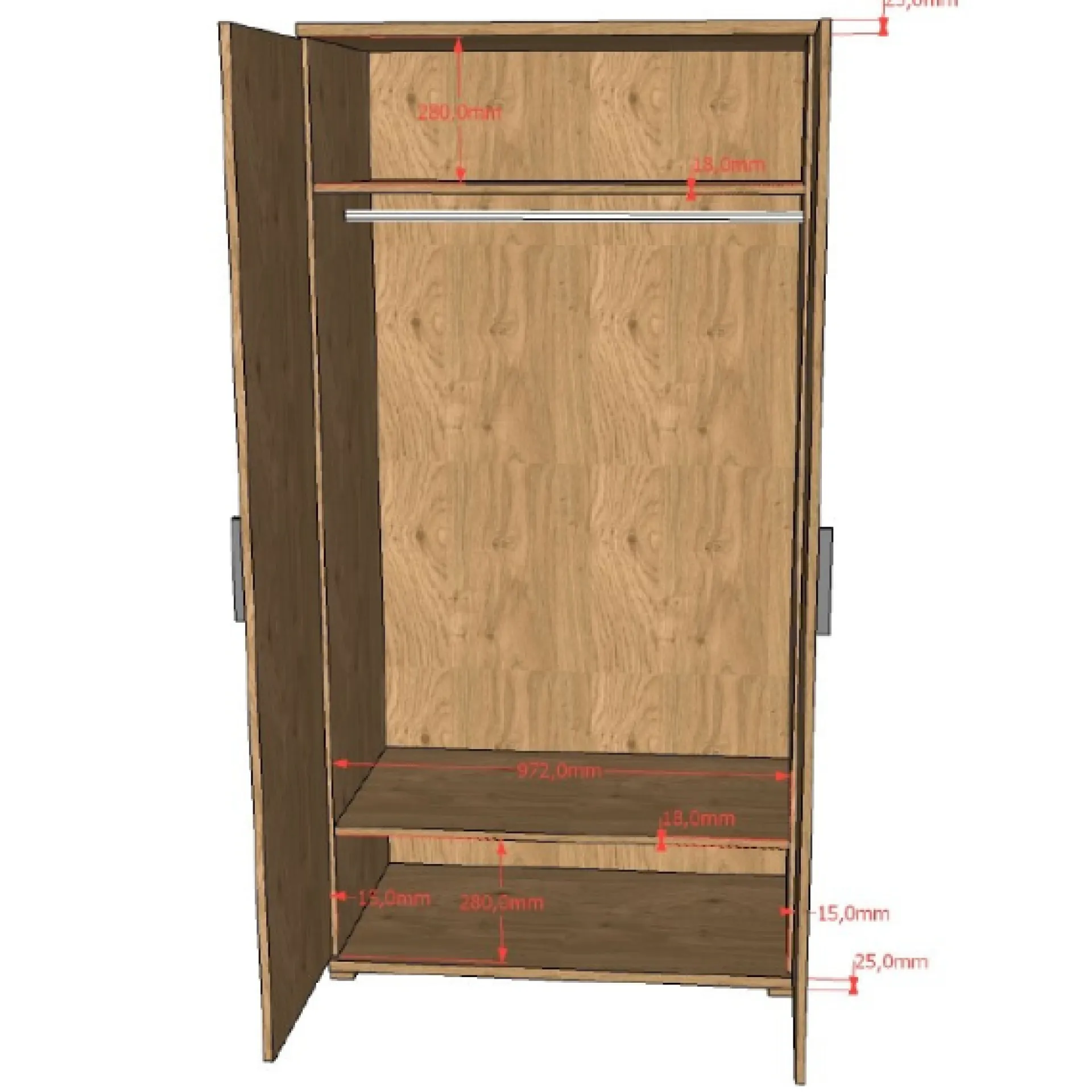 Kinder Vipack SammieJugendzimmer : Bett 90x200cm, Nachttisch, Kleiderschrank, Kommode - Eichendekor
