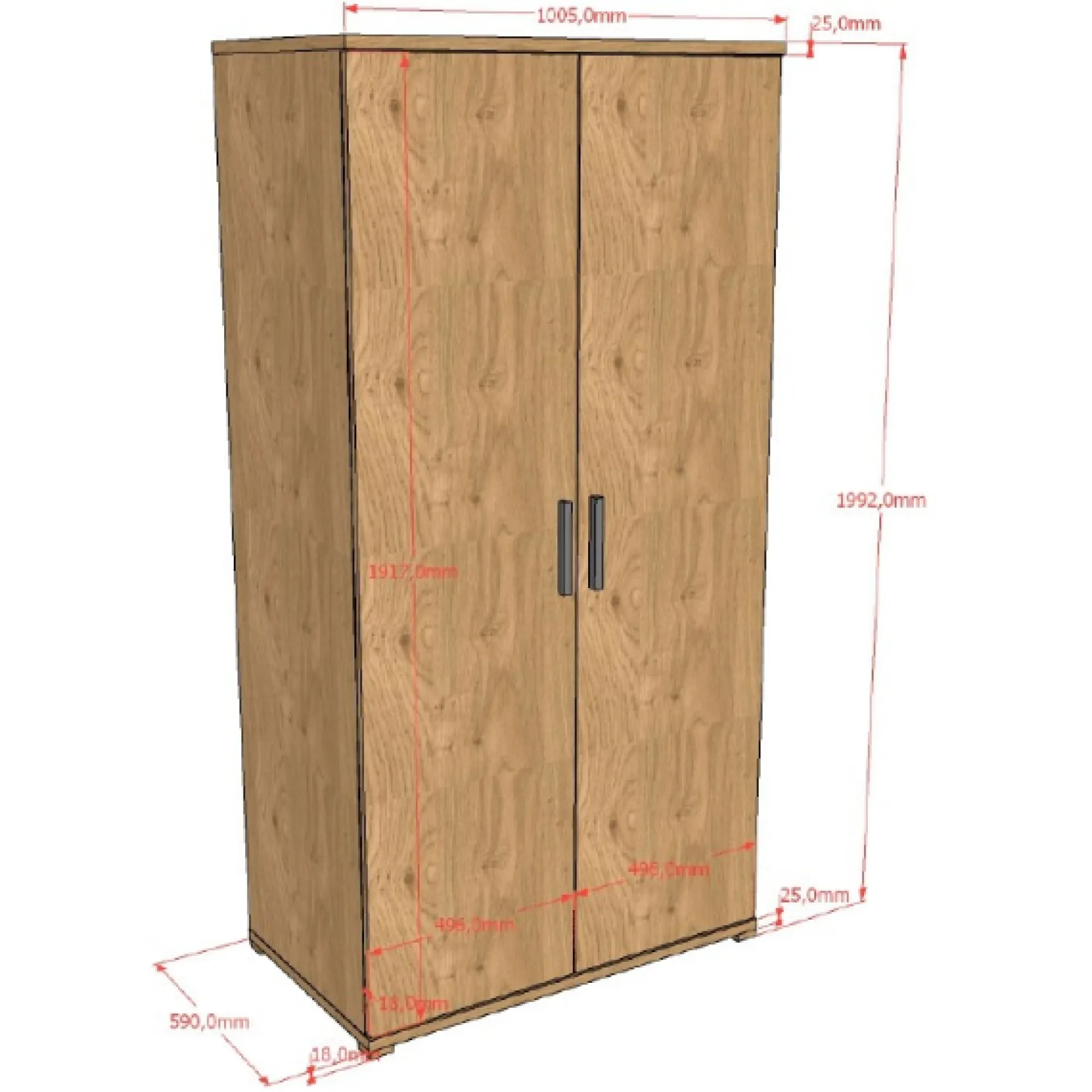 Kinder Vipack SammieJugendzimmer : Bett 90x200cm, Nachttisch, Kleiderschrank, Schreibtisch - Eichendekor