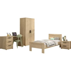 Kinder Vipack SammieJugendzimmer : Bett 90x200cm, Nachttisch, Kleiderschrank, Schreibtisch - Eichendekor