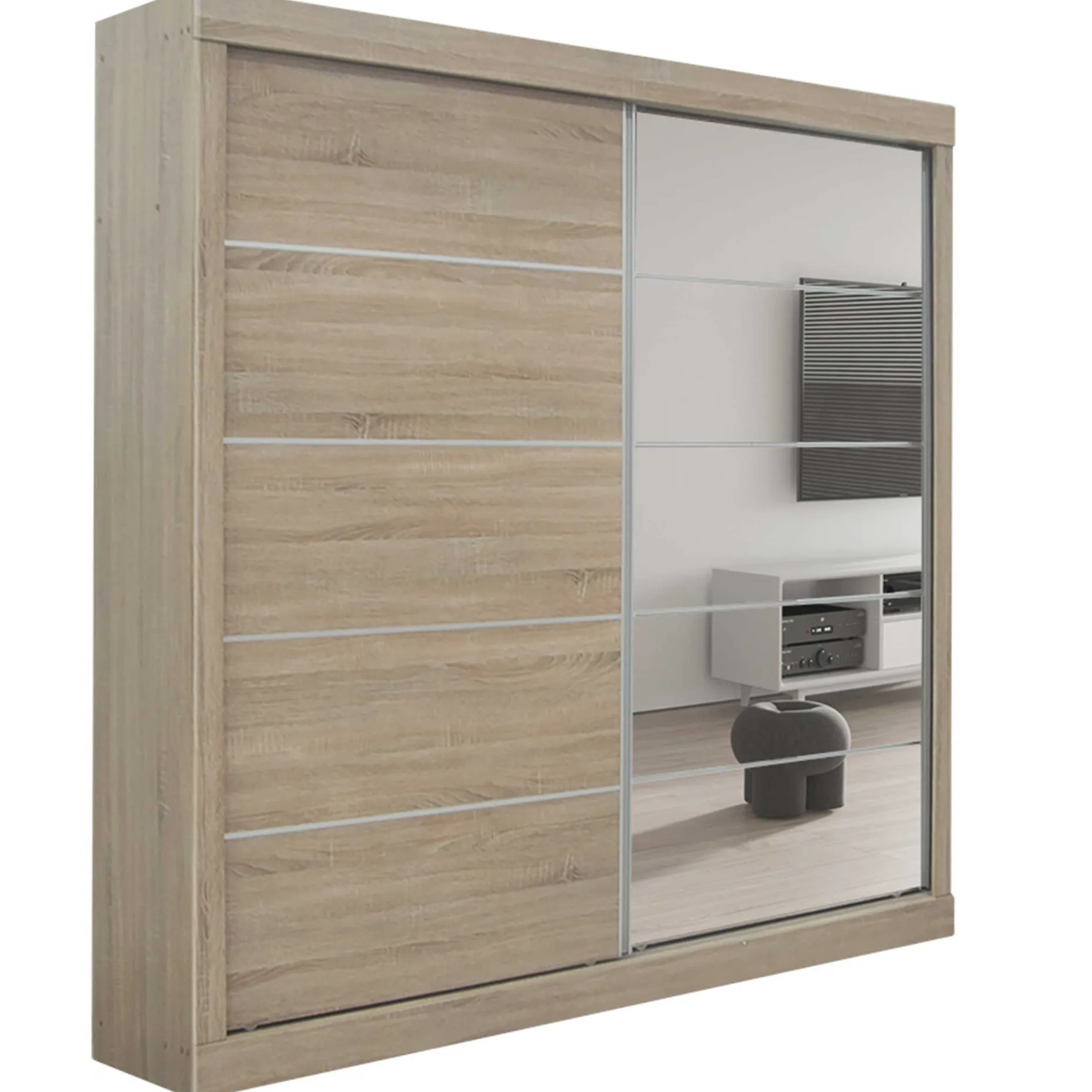 Schiebeschrank Mike mit Spiegeltür | Sonoma, Spanplatte, MDF | 197,5 x 182,5 x 52,5 cm