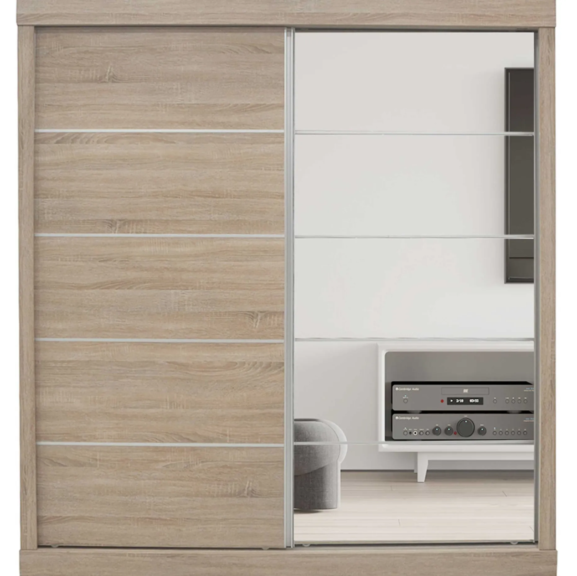 Schiebeschrank Mike mit Spiegeltür | Sonoma, Spanplatte, MDF | 197,5 x 182,5 x 52,5 cm