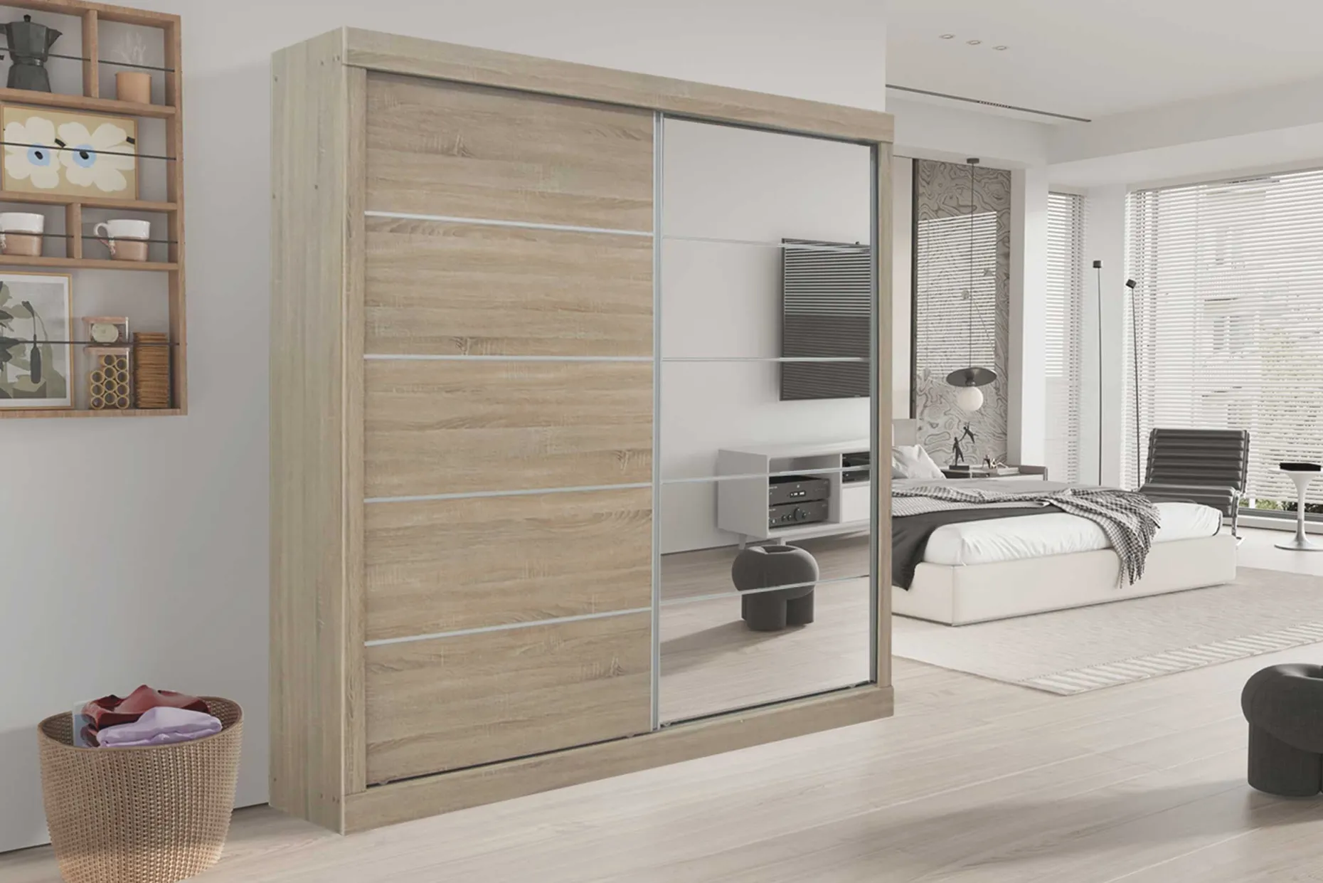 Schiebeschrank Mike mit Spiegeltür | Sonoma, Spanplatte, MDF | 197,5 x 182,5 x 52,5 cm