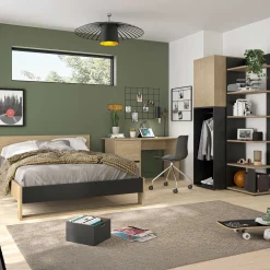 Kinder Gautier - Gami Schlafzimmer Nael: Doppelbett 140x200, Schreibtisch, Bücherregal, Kleiderschrank - Eiche Dekor/schwarz