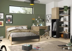 Kinder Gautier - Gami Schlafzimmer Nael: Doppelbett 140x200, Schreibtisch, Bücherregal, Kleiderschrank - Eiche Dekor/schwarz