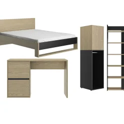 Kinder Gautier - Gami Schlafzimmer Nael: Doppelbett 140x200, Schreibtisch, Bücherregal, Kleiderschrank - Eiche Dekor/schwarz