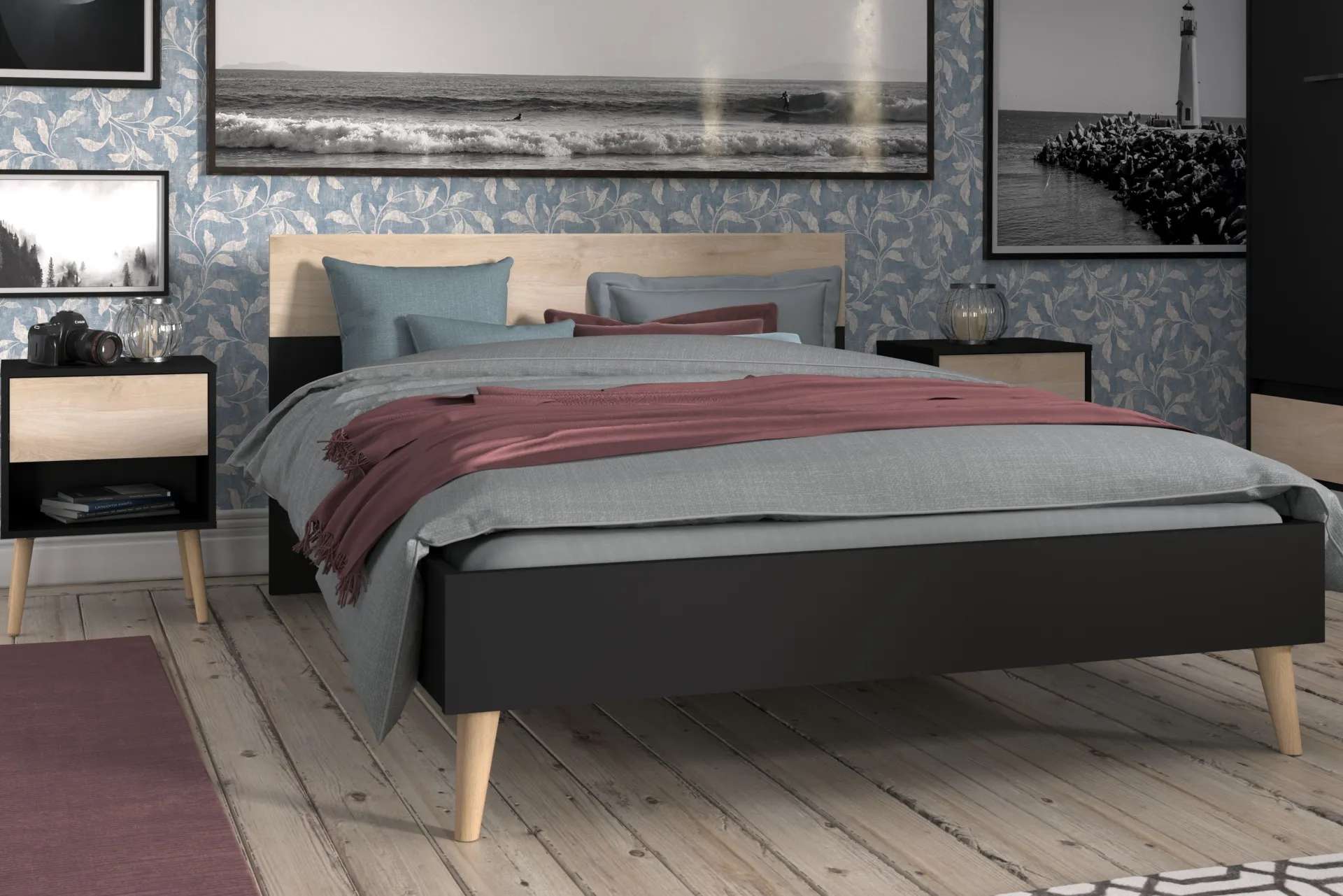 Schlafzimmerset Hardy | Doppelbett, Nachttisch | Oak Black Design