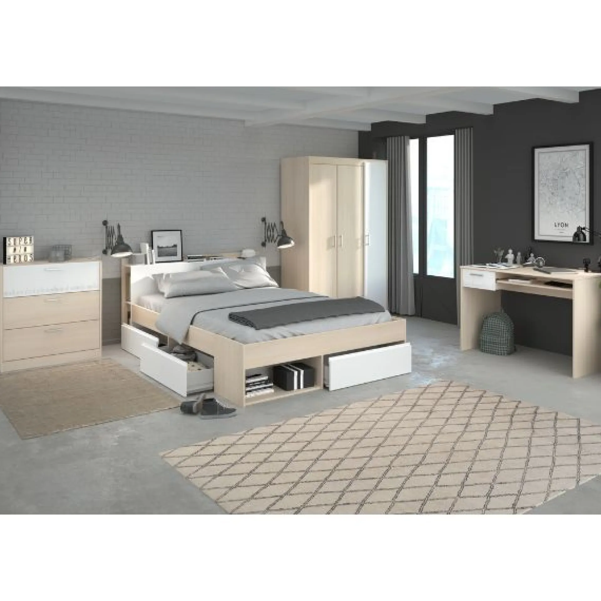 Parisot Schlafzimmer-Set Most | Doppelbett mit Stauraum, Kleiderschrank, Schreibtisch, Kommode