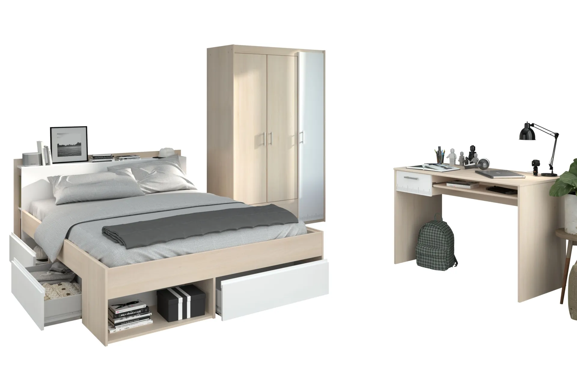 Parisot Schlafzimmer-Set Most | Doppelbett mit Stauraum, Kleiderschrank, Schreibtisch