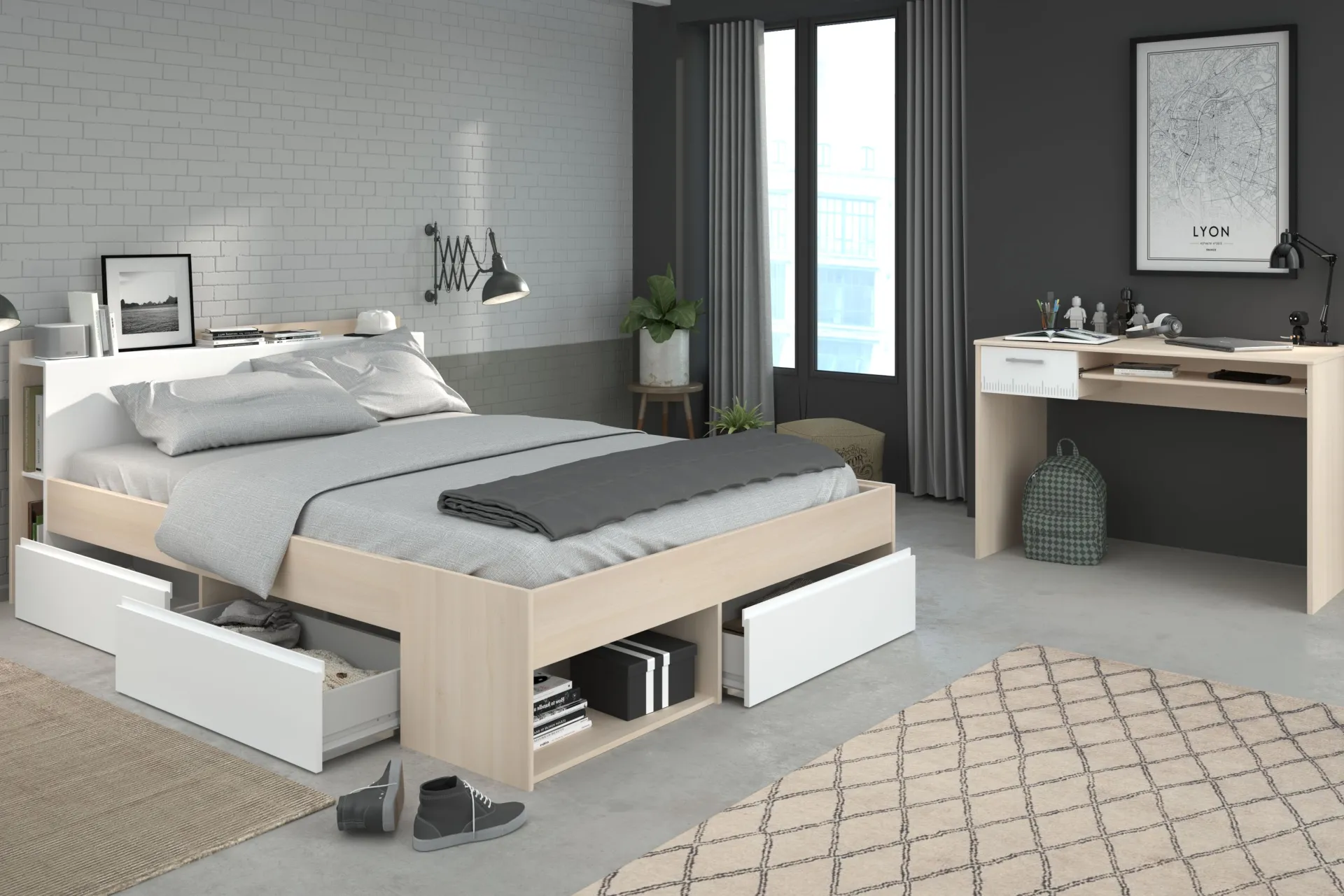 Parisot Schlafzimmerset Most | Doppelbett mit Stauraum und Schreibtisch