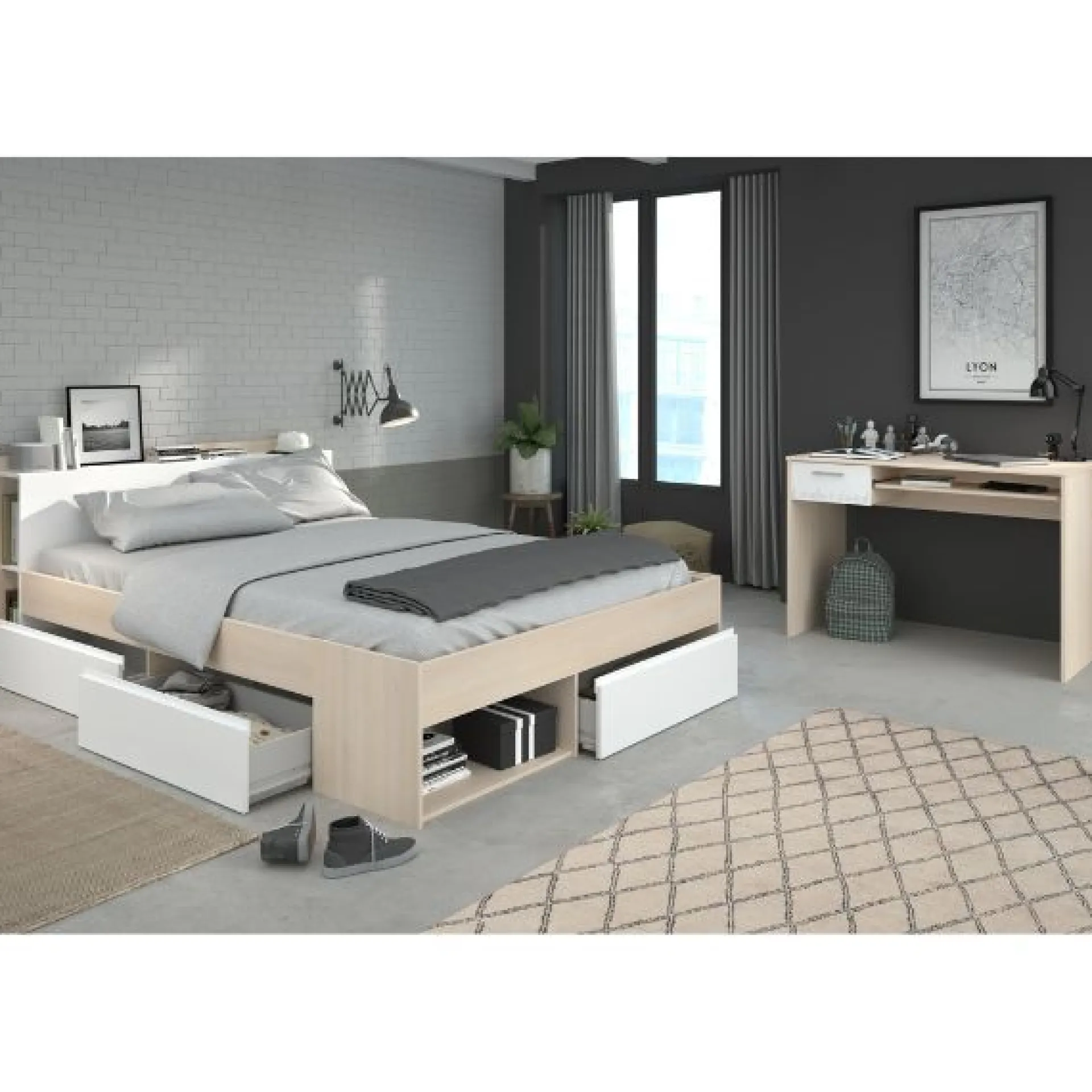 Parisot Schlafzimmerset Most | Doppelbett mit Stauraum und Schreibtisch