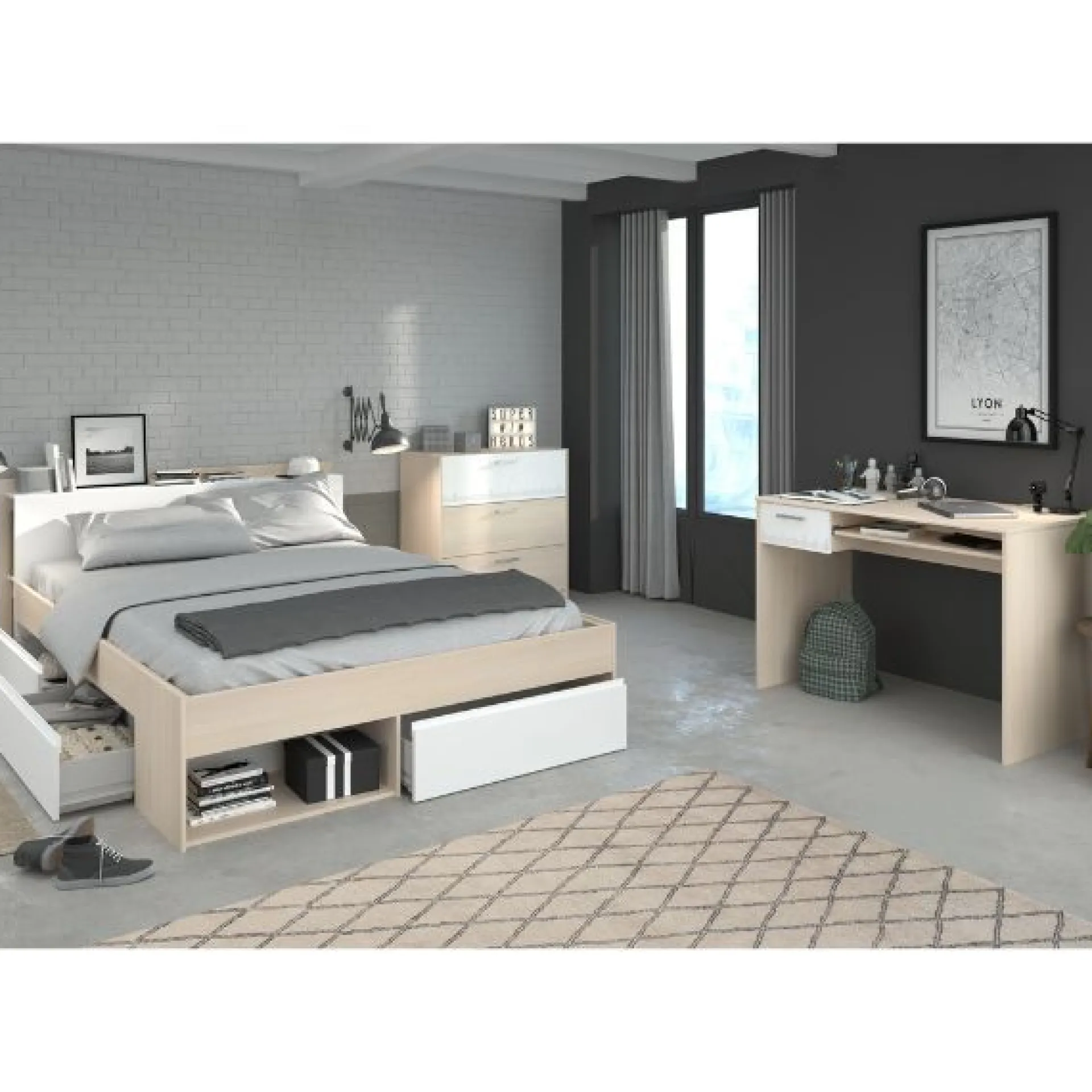 Parisot Schlafzimmer-Set Most | Doppelbett mit Stauraum, Schreibtisch, Kommode