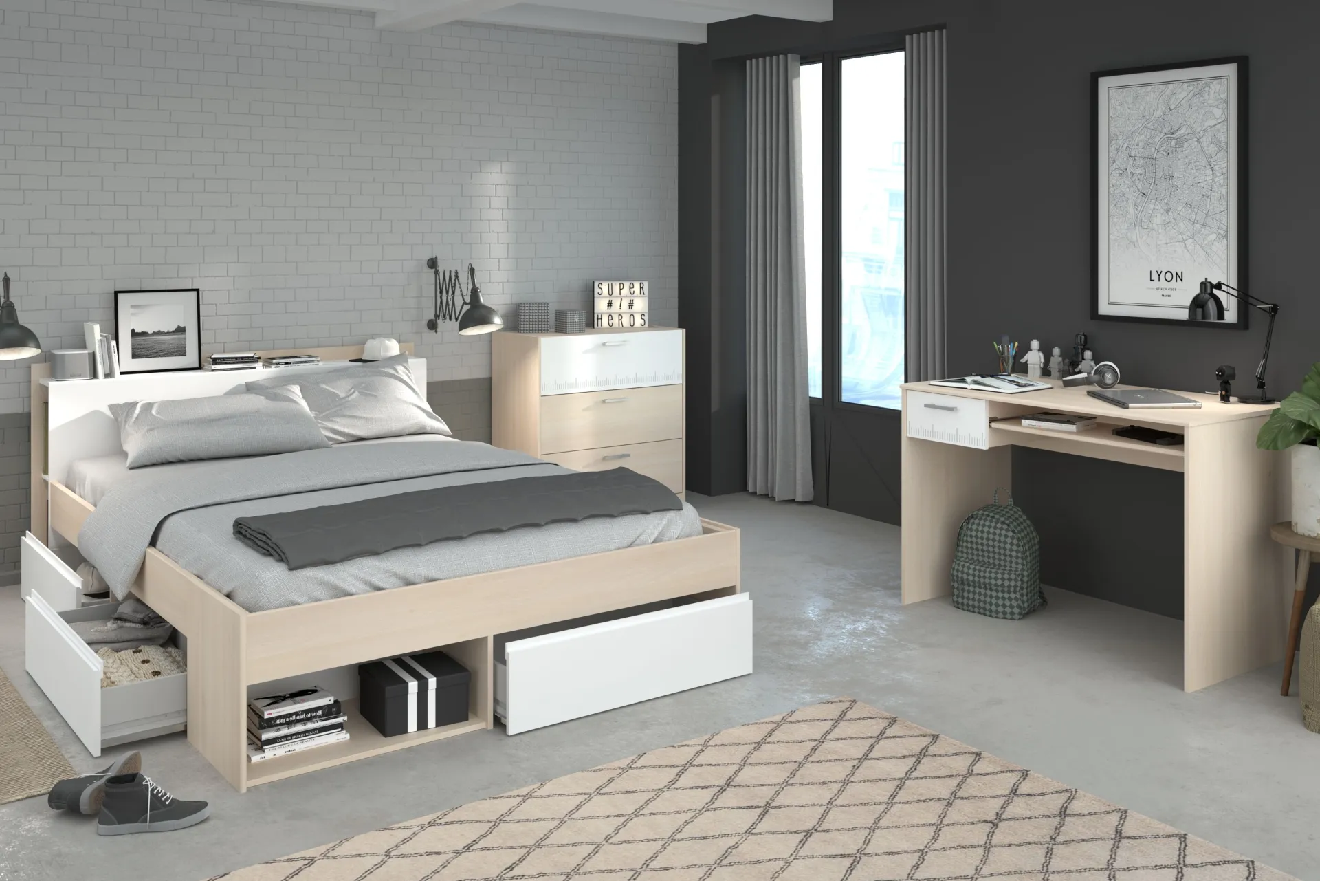 Parisot Schlafzimmer-Set Most | Doppelbett mit Stauraum, Schreibtisch, Kommode