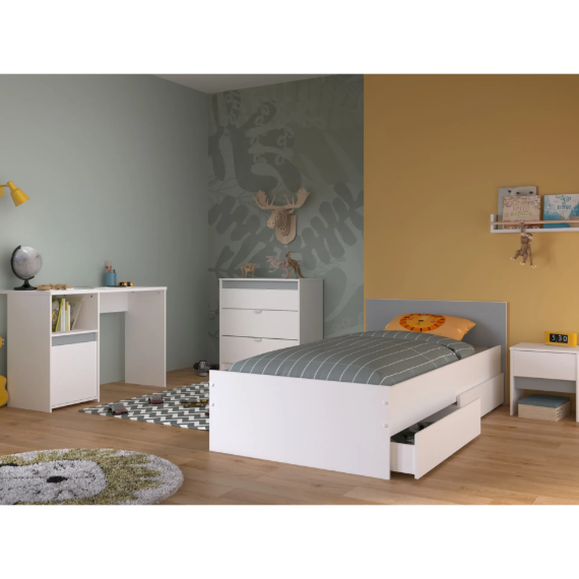 Kinder Parisot Schlafzimmerset Rue| Einzelbett, Nachttisch, Nachttisch, Kommode, Schreibtisch