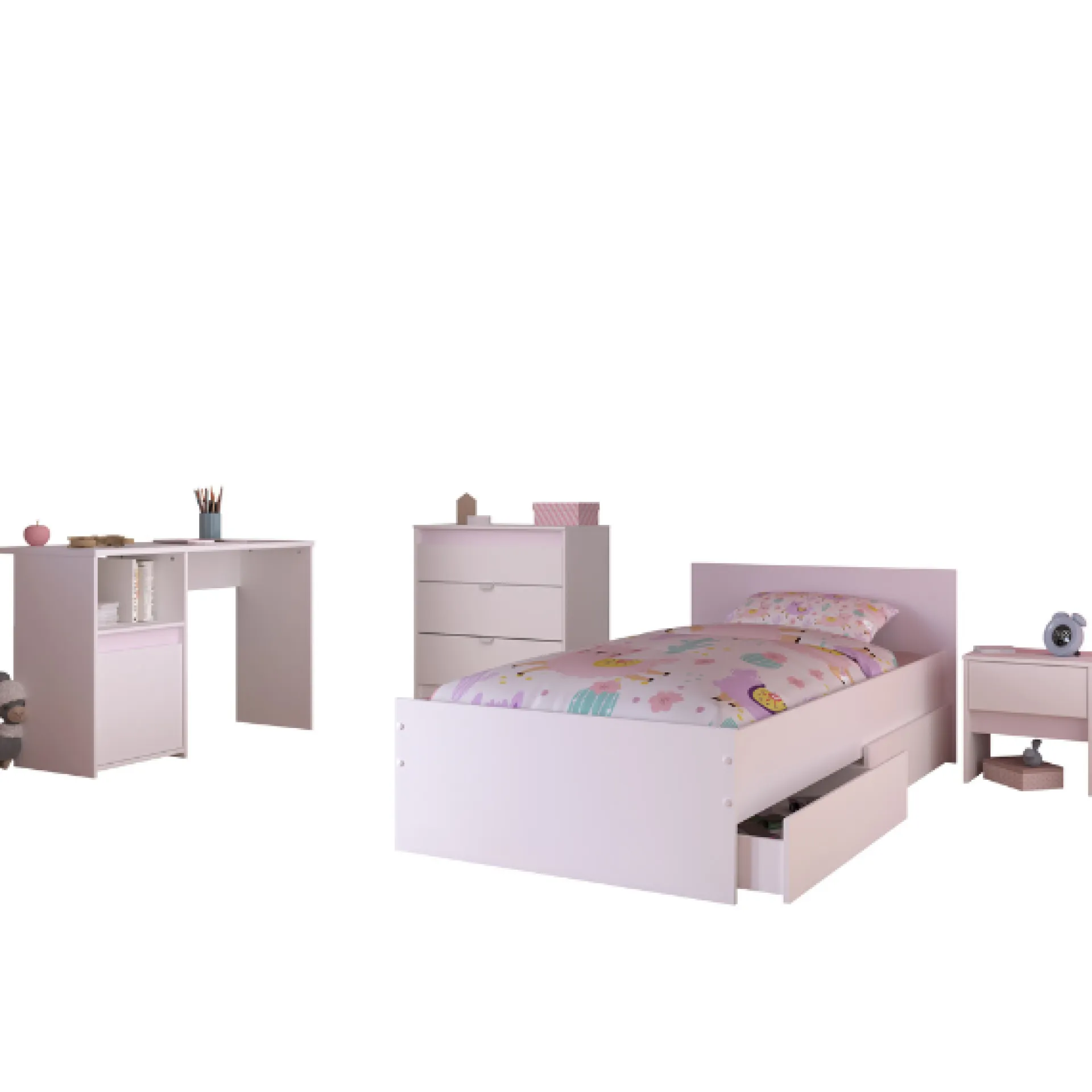 Kinder Parisot Schlafzimmerset Rue| Einzelbett, Nachttisch, Nachttisch, Kommode, Schreibtisch