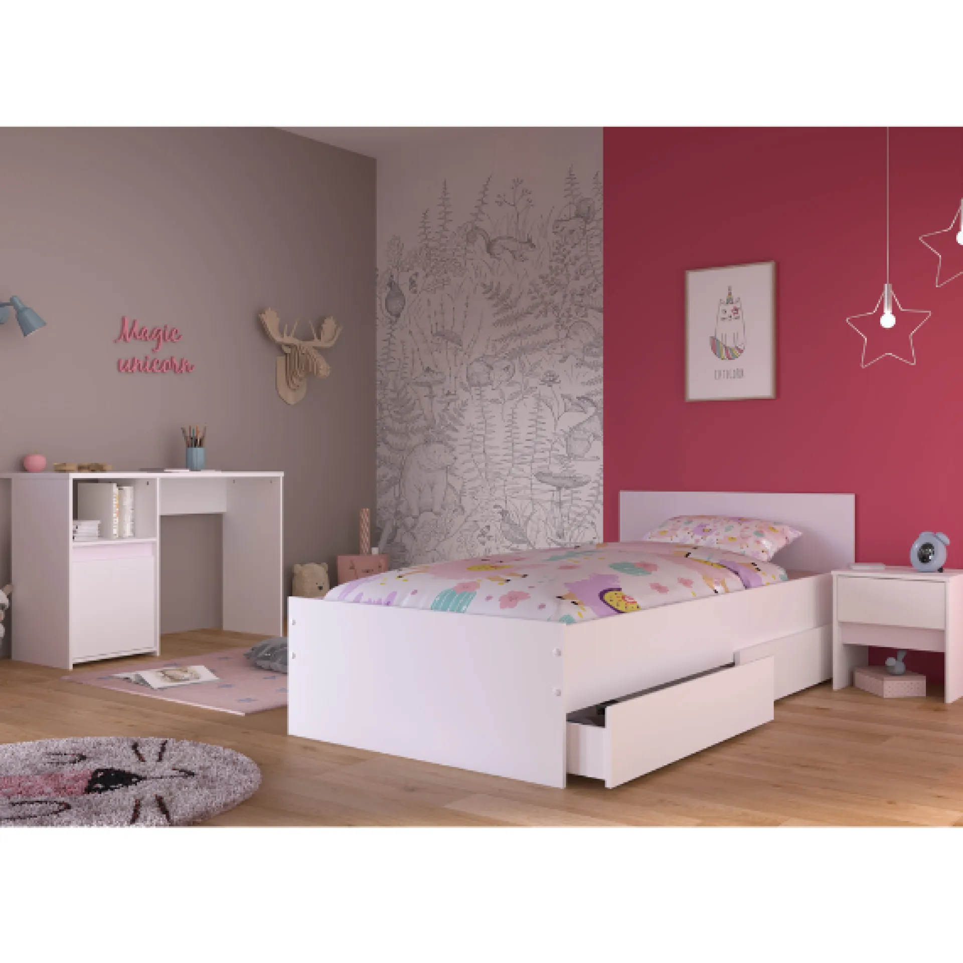 Kinder Parisot Schlafzimmerset Rue | Einzelbett, Nachttischschubladen-Set, Nachttisch, Schreibtisch